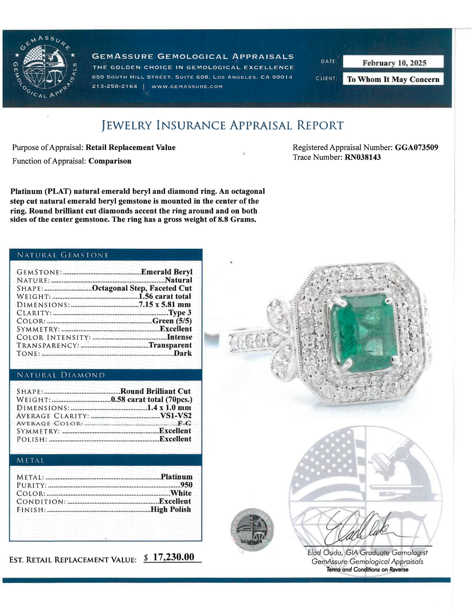 PLATINUM, EMERALD AND DIAMOND RING WITH GGA REPORT - 6