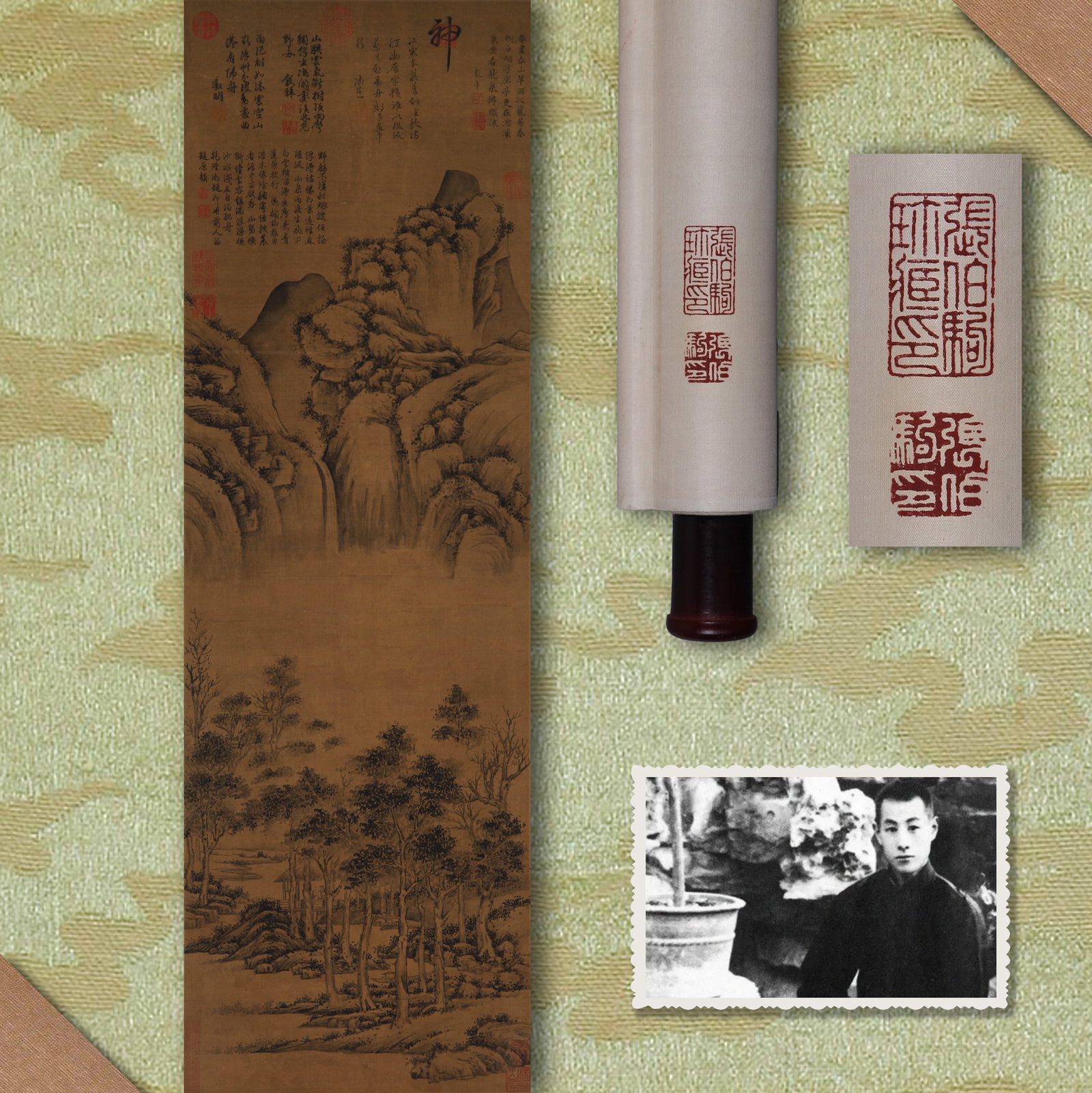 WEN ZHENGMING (WEN CHENG-MING), ATTRIBUTED TO, LANDSCAPE, HANGING SCROLL: Attributed to Wen Zhengming (Wen Cheng-ming). Landscape. Ink and color on silk, hanging scroll. 112 x 36 cm. Condition: Creases, stains, and foxing on the mounting and painting. Note: By repute, from 