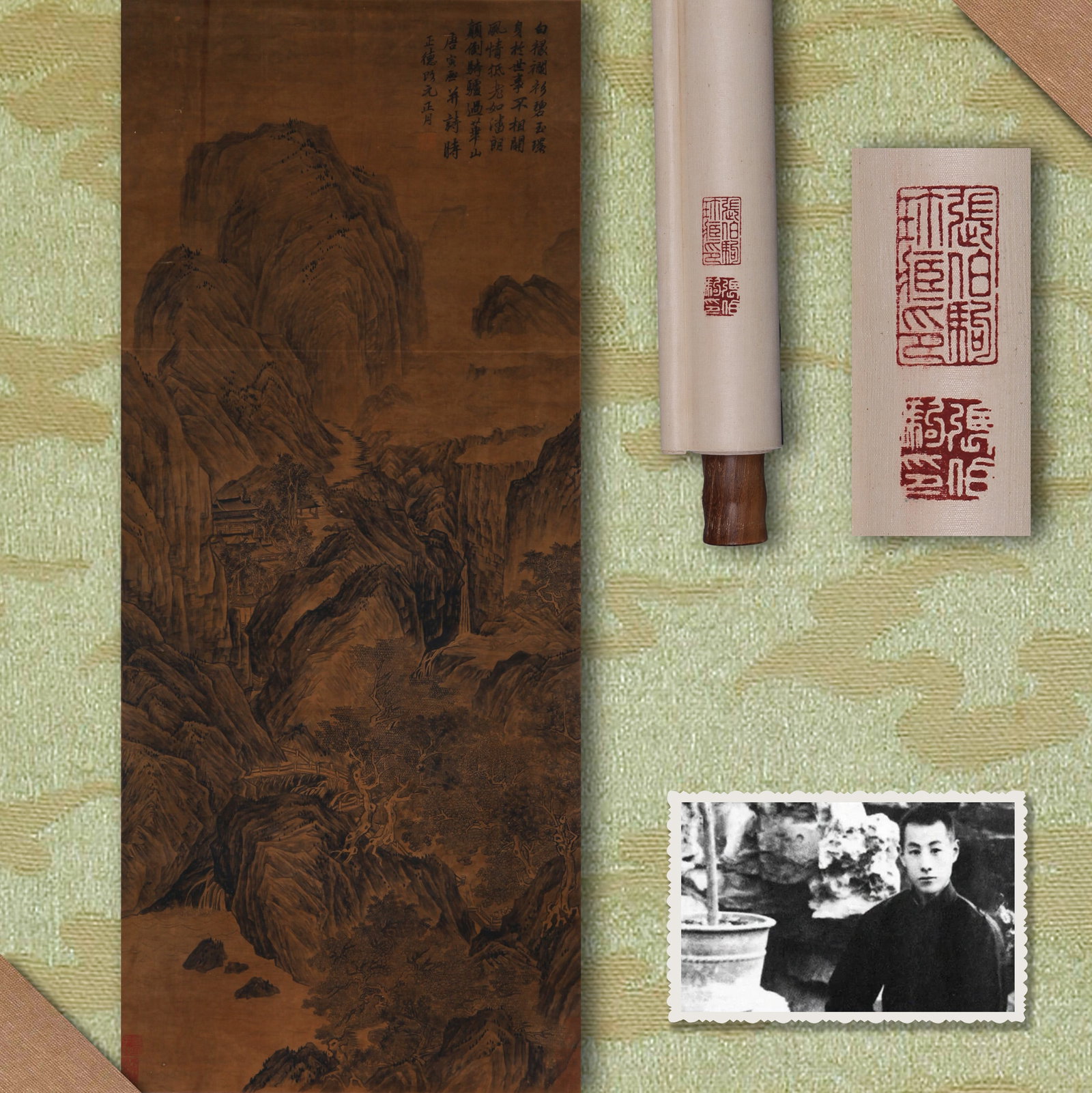 TANG YIN, ATTRIBUTED TO, LANDSCAPE, HANGING SCROLL: Attributed to Tang Yin. Landscape (Shan Ju Tu). Ink and color on silk, hanging scroll. 123 x 52 cm. Condition: Creases, stains, and foxing on the mounting and painting. Note: By repute, from the colle