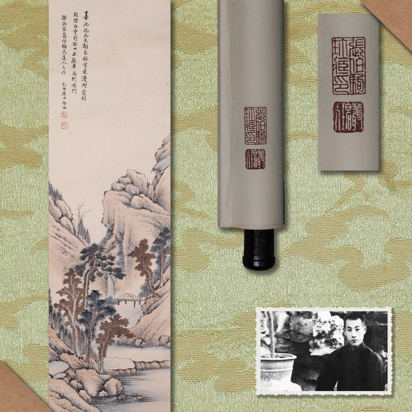QI GONG (CH'I KUNG), ATTRIBUTED TO, LANDSCAPE, HANGING SCROLL: Attributed to Qi Gong (Ch'i Kung). Landscape. Ink and color on paper, hanging scroll. 100 x 29 cm. Condition: Creases and stains on the mounting and painting. Note: By repute, from the collection of Z