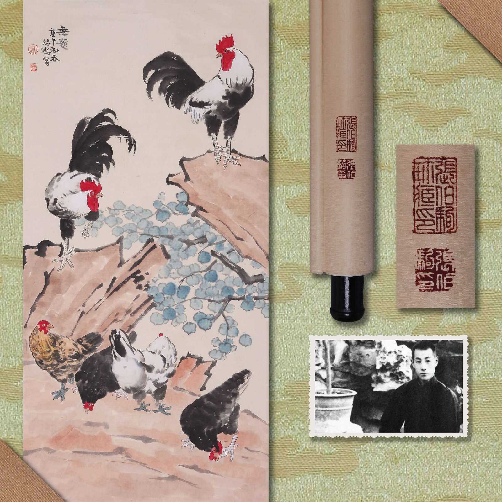 XU BEIHONG (HSU PEI-HUNG), ATTRIBUTED TO, ROOSTERS AND HENS, HANGING SCROLL (1 of 9)