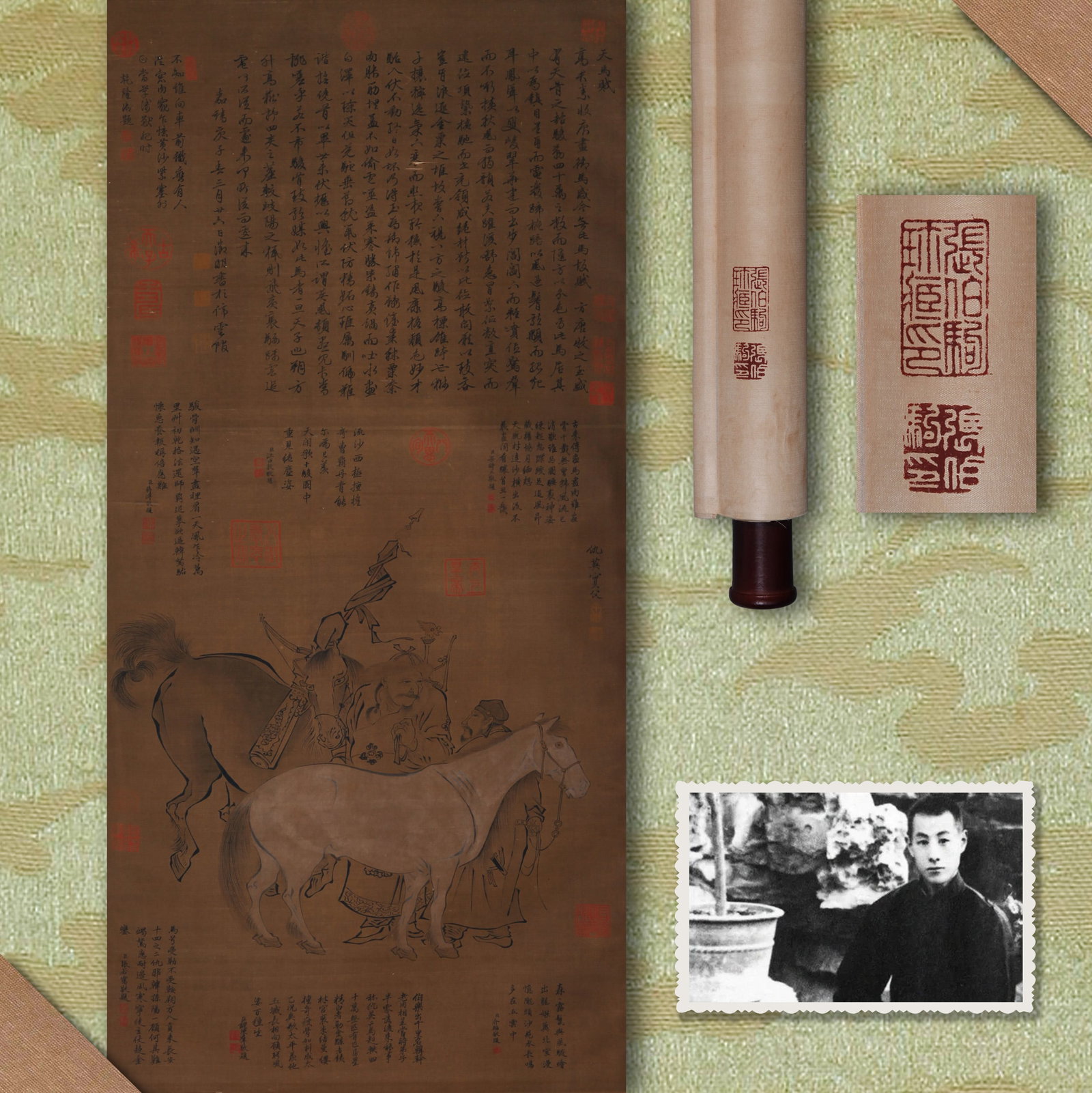QIU YING (CH'IU YING), ATTRIBUTED TO, HORSES AND FIGURES, HANGING SCROLL: Attributed to Qiu Ying (Ch'iu Ying). Horses and Figures (Xiang Ma Tu). Ink and color on silk, hanging scroll. 108 x 51 cm. Condition: Creases, stains, and foxing on the mounting and painting. Note: By