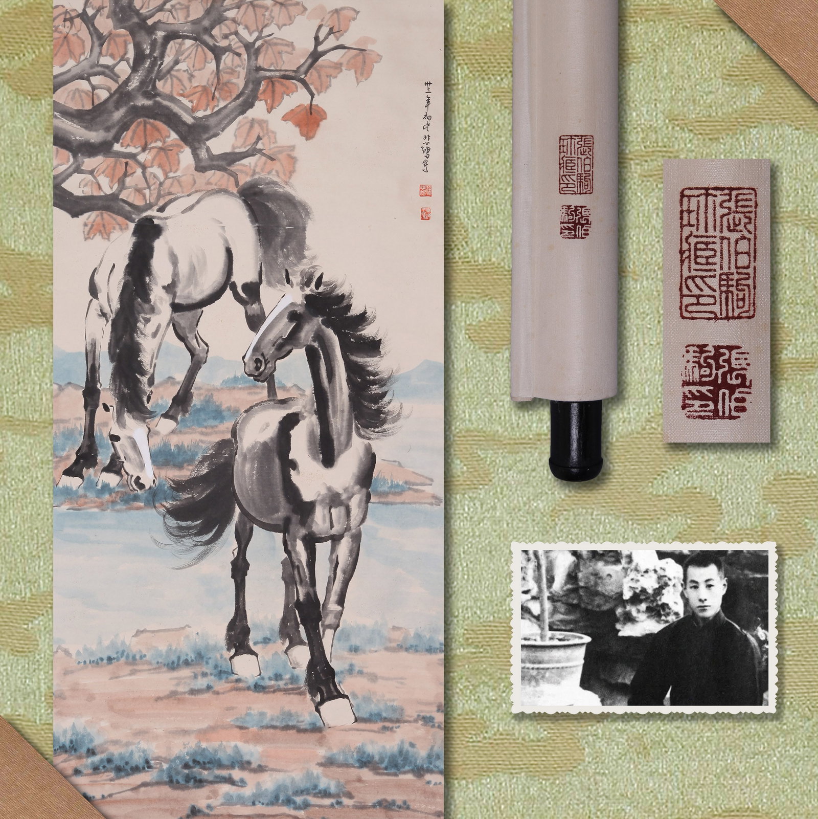 XU BEIHONG (HSU PEI-HUNG), ATTRIBUTED TO, TWO HORSES, HANGING SCROLL: Attributed to Xu Beihong (Hsu Pei-hung). Two Horses (Qiu Xi Shuang Jun Tu). Ink and color on paper, hanging scroll. 139 x 68.5 cm. Condition: Creases, stains, and foxing on the mounting and painting. 