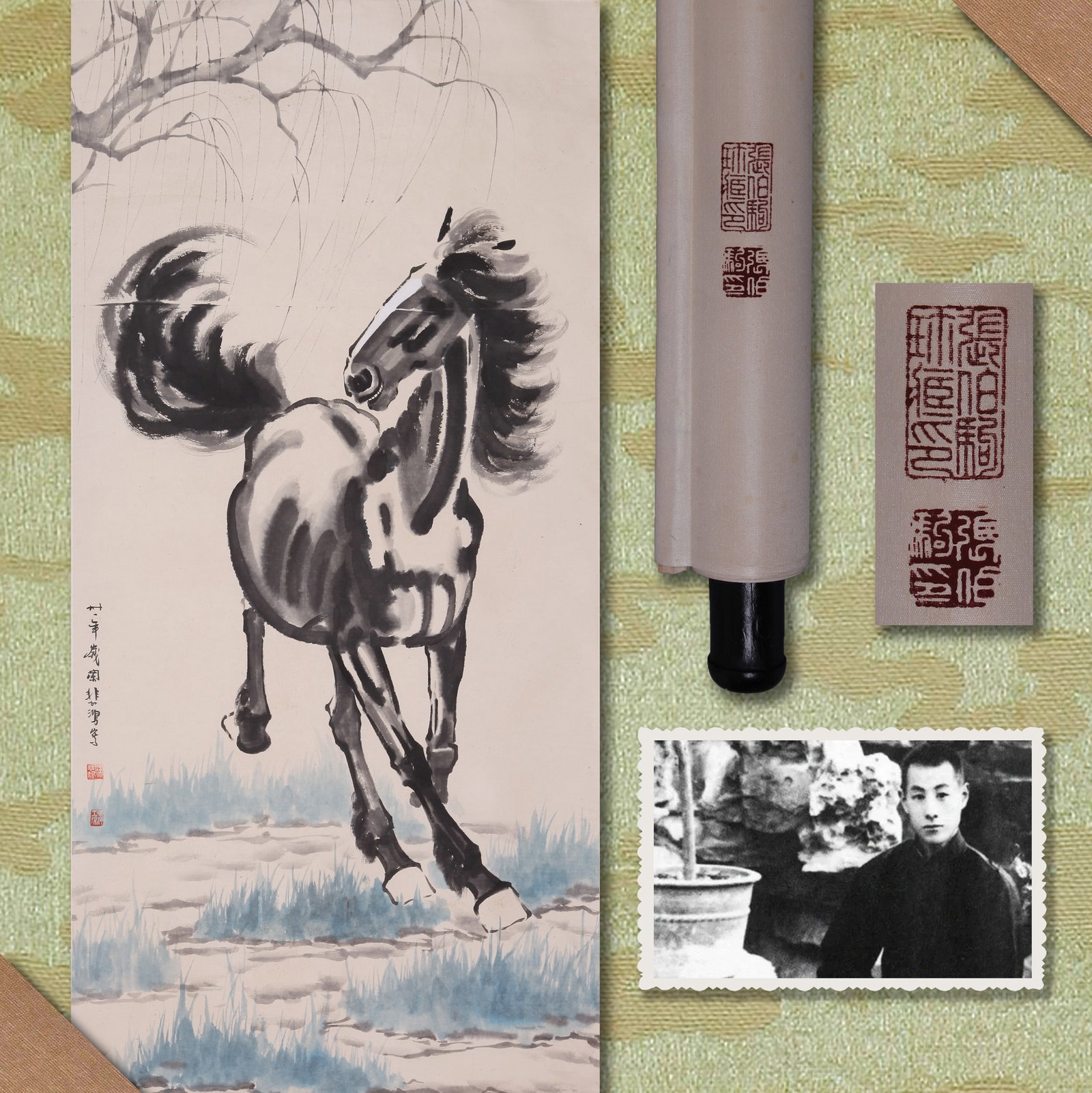 XU BEIHONG (HSU PEI-HUNG), ATTRIBUTED TO, GALLOPING HORSE, HANGING SCROLL: Attributed to Xu Beihong (Hsu Pei-hung). Galloping Horse (Ben Ma Tu). Ink and color on paper, hanging scroll. 139 x 68 cm. Condition: Creases, stains, and foxing on the mounting and painting. Note: By