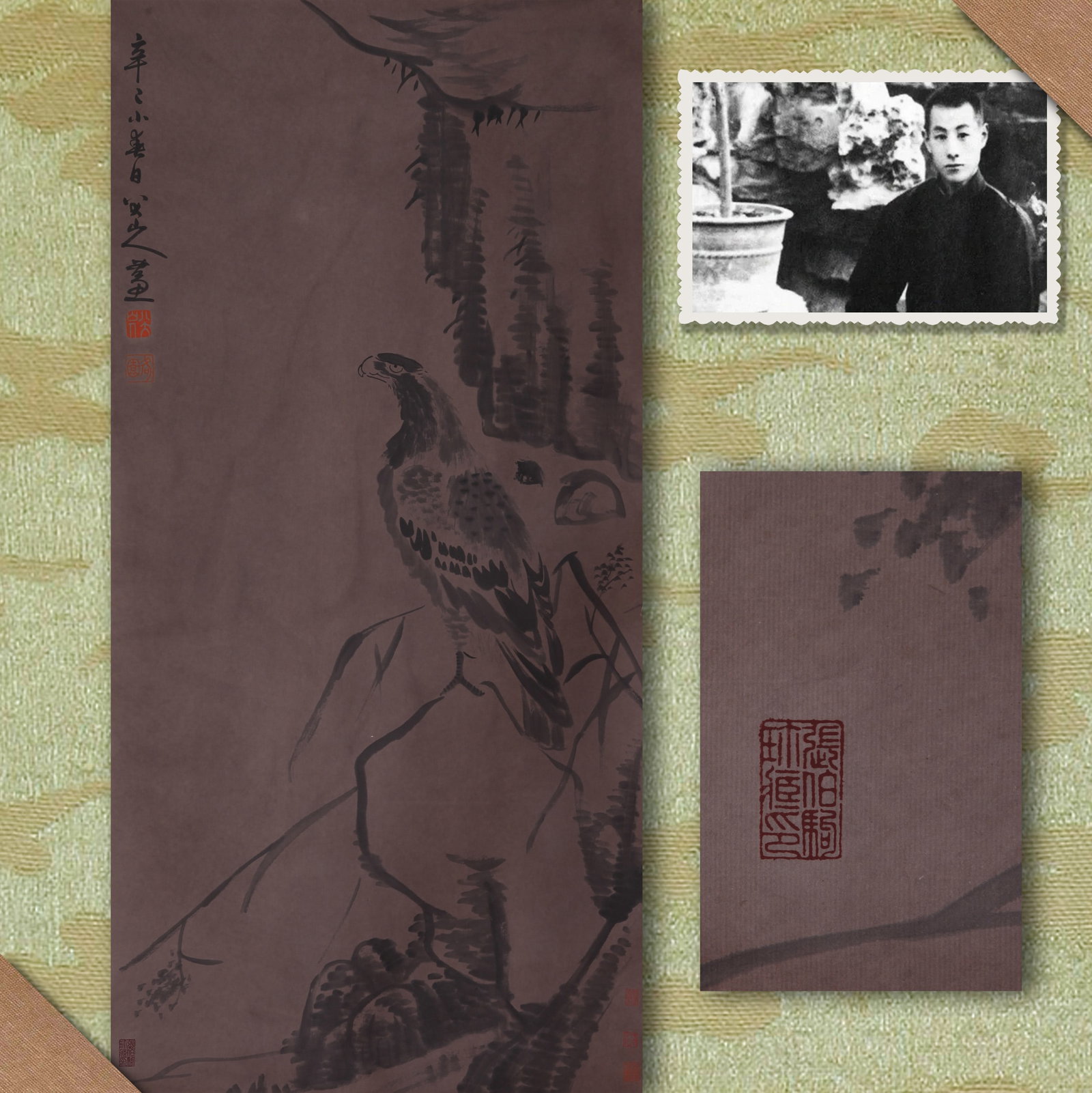 BADA SHANREN (PA-TA SHAN-JEN), ATTRIBUTED TO, EAGLE AND ROCK, HANGING SCROLL: Attributed to Bada Shanren (Pa-ta Shan-jen). Eagle and Rock (Ying Shi Tu). Ink and color on paper, hanging scroll. 137 x 67 cm. Condition: Creases, stains, and foxing on the mounting and painting. Not