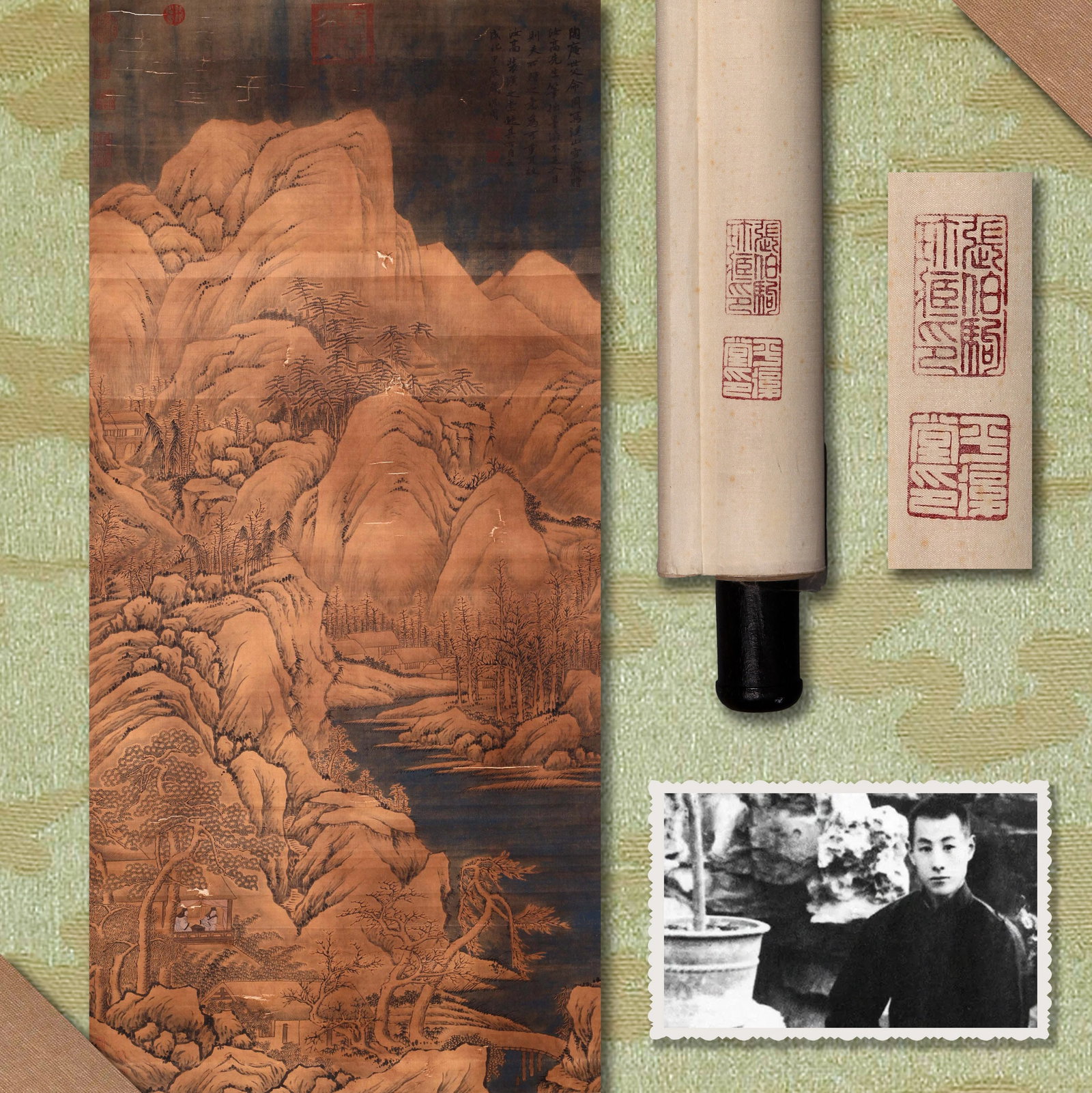 SHEN ZHOU (SHEN CHOU), ATTRIBUTED TO, VISITING A FRIEND IN MOUNTAINS, HANGING SCROLL: Attributed to Shen Zhou (Shen Chou). Visiting a Friend in Mountains (Xi Shan Fang You). Ink and color on silk, hanging scroll. 144 x 66 cm. Condition: Creases, stains, material loss, damages, and rest
