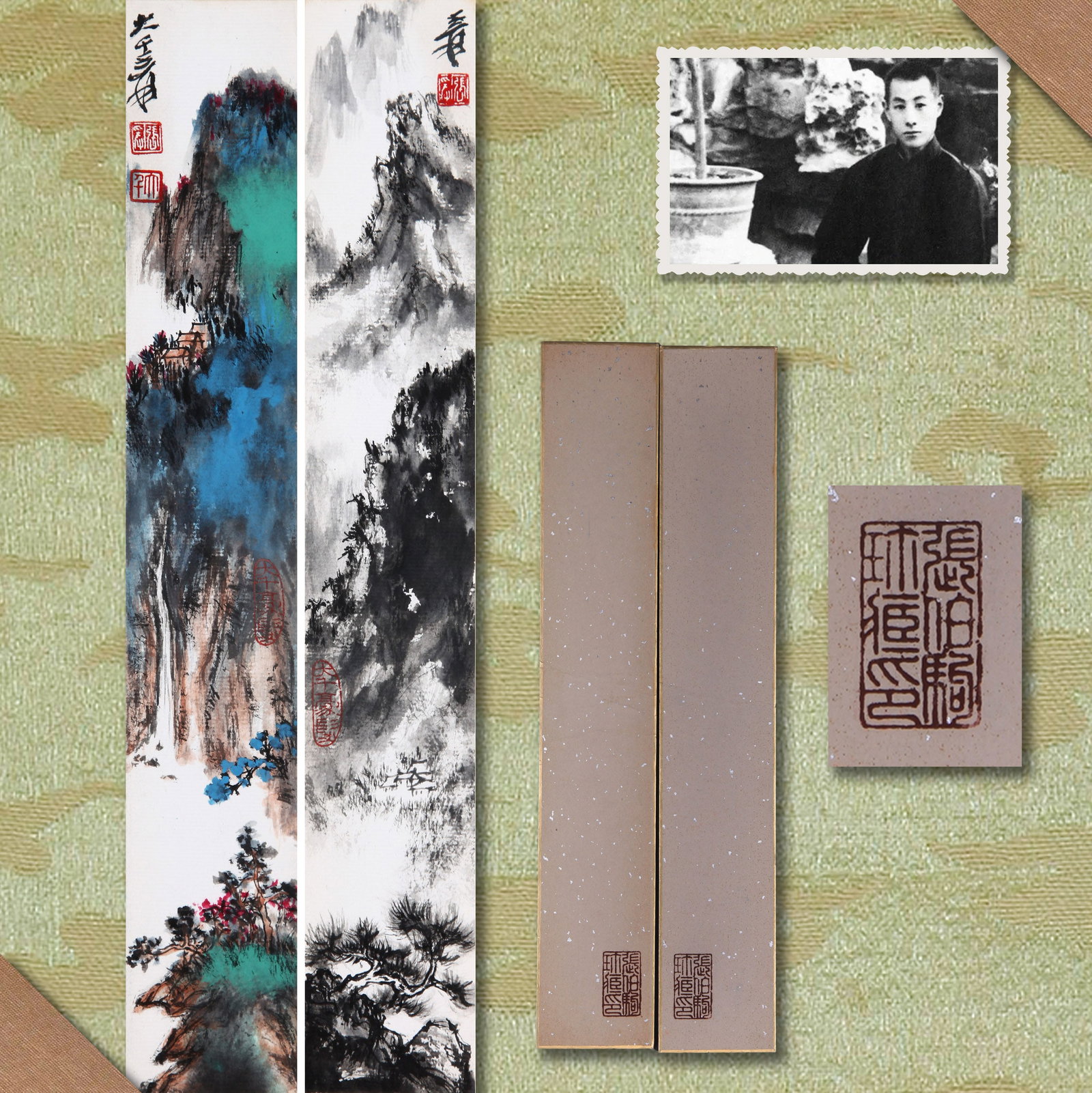 ZHANG DAQIAN (CHANG DAI-CHIEN), ATTRIBUTED TO, LANDSCAPES, CARDBOARDS: Attributed to Zhang Daqian (Chang Dai-chien). Landscapes. Ink and color on paper, cardboards. 36 x 5.5 cm. Condition: Stains on the mounting and painting. Note: By repute, from the collection of Zhang