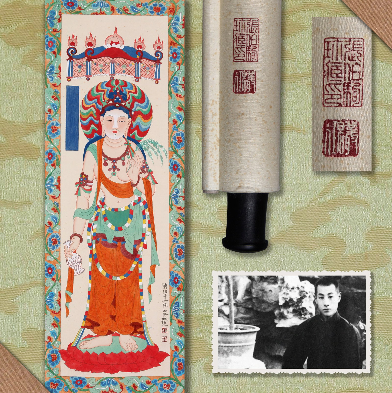 ZHANG DAQIAN (CHANG DAI-CHIEN), ATTRIBUTED TO, BUDDHIST FIGURE, HANGING SCROLL: Attributed to Zhang Daqian (Chang Dai-chien). Buddhist Figure (Dun Huang Da Shi Xiang). Ink and color on paper, hanging scroll. Note: By repute, from the collection of Zhang Boju.