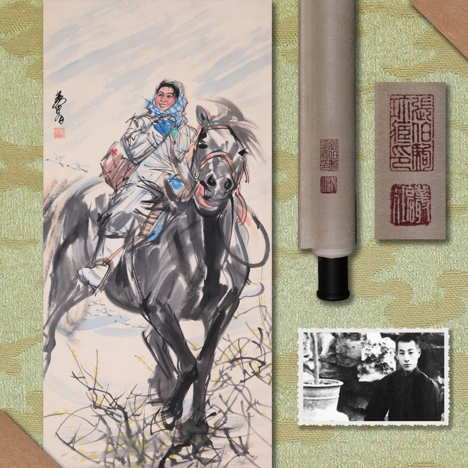 HUANG ZHOU (HUANG CHOU), ATTRIBUTED TO, FIGURE AND HORSE, HANGING SCROLL (1 of 10)