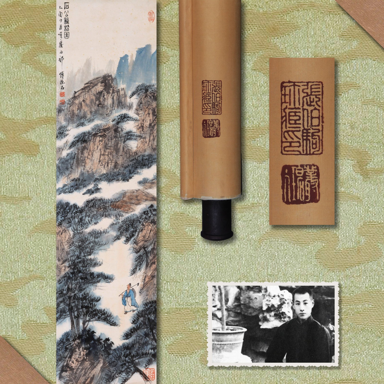 FU BAOSHI (FU PAO-SHIH), ATTRIBUTED TO, FIGURE AND PINES, HANGING SCROLL: Attributed to Fu Baoshi (Fu Pao-shih). Figure and Pines (Shi Gong Zhong Song Tu). Ink and color on paper, hanging scroll. Note: By repute, from the collection of Zhang Boju.