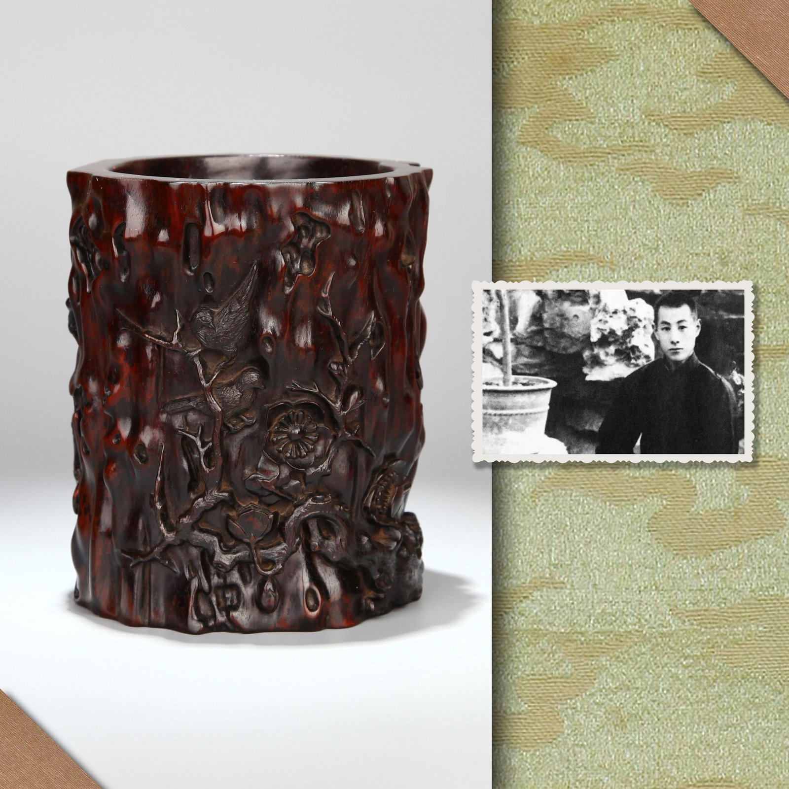 A ZITAN 'MAGPIE AND PLUM BLOSSOM' BRUSH POT: A Zitan brush pot carved with magpie and plum blossom. Note: By repute, from the collection of Zhang Boju.