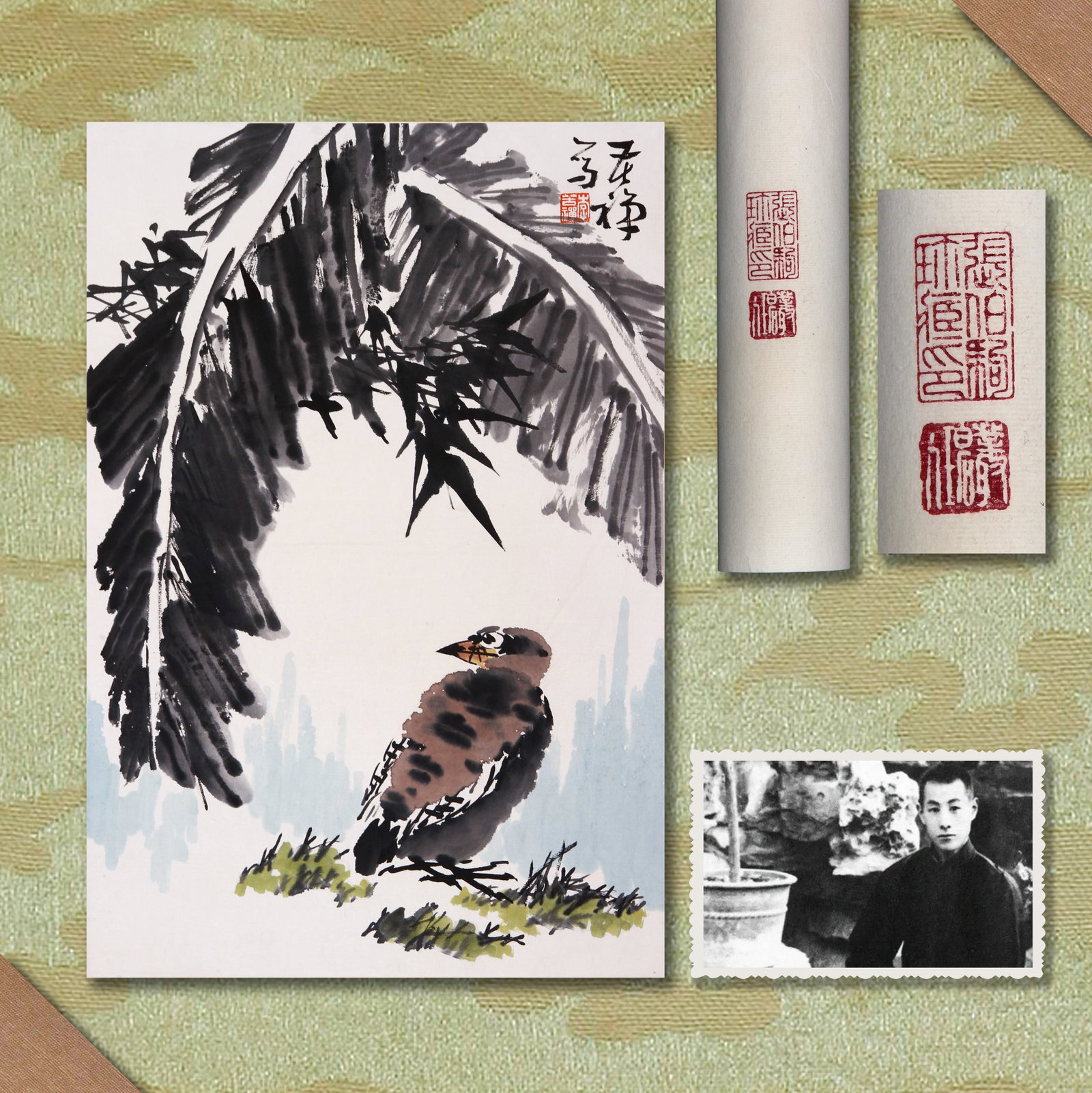LI KUCHAN (LI K'U-CH'AN), ATTRIBUTED TO, BANANA LEAVES AND QUAILS, MOUNTED FOR FRAMING (1 of 7)