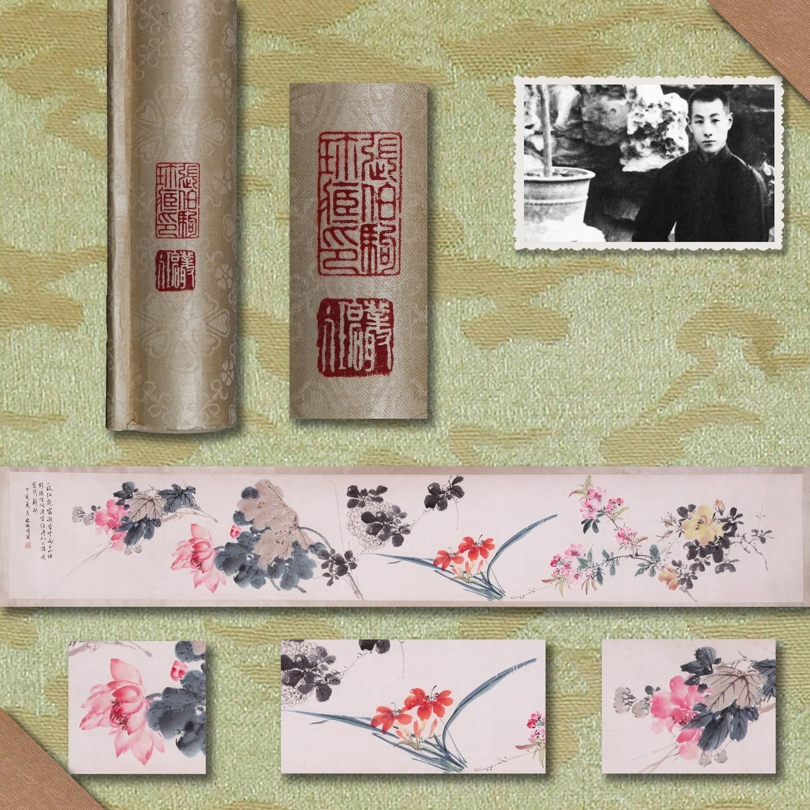 LIN HUIYIN (LIN HUI-YIN), ATTRIBUTED TO, FLOWERS, HANDSCROLL: Attributed to Lin Huiyin (Lin Hui-yin). Flowers (Fang Yi Cheng Rui). Ink and color on paper, handscroll. Note: By repute, from the collection of Zhang Boju, with title slip by Xie Zhiliu, frontispiece