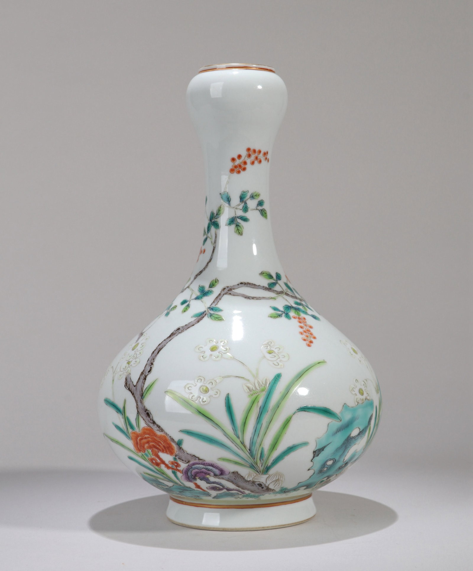 A FAMILLE ROSE 'FLORAL' GARLIC-MOUTH VASE (1 of 8)