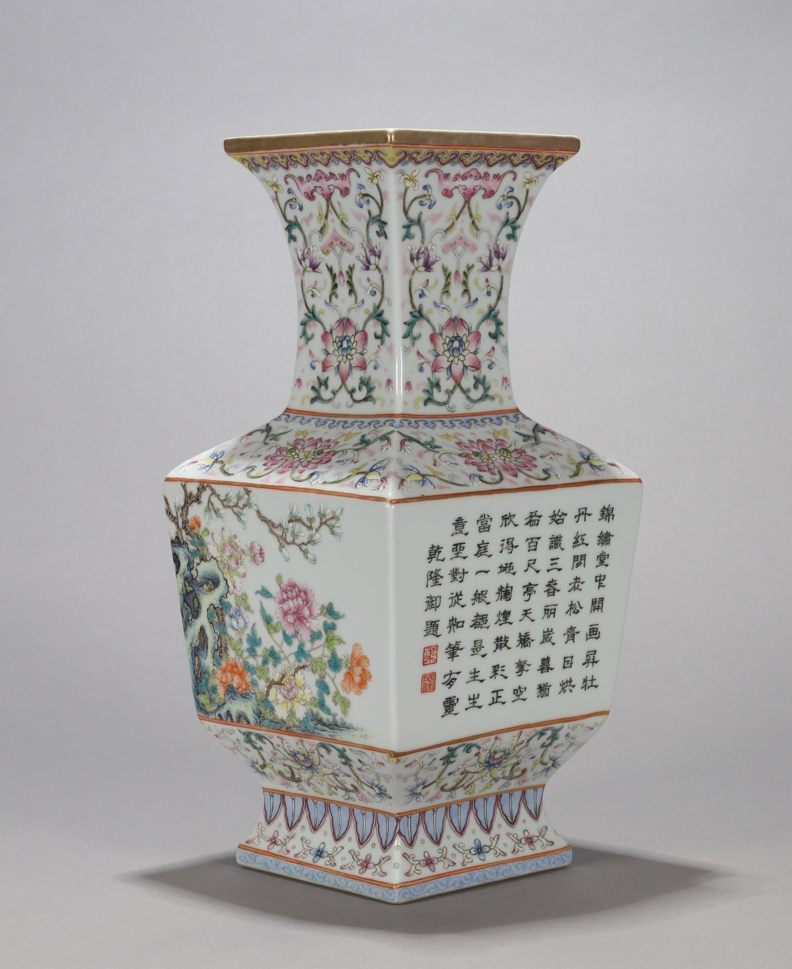 A FAMILLE ROSE 'FLORAL' SQUARE VASE WITH POEMS (1 of 8)