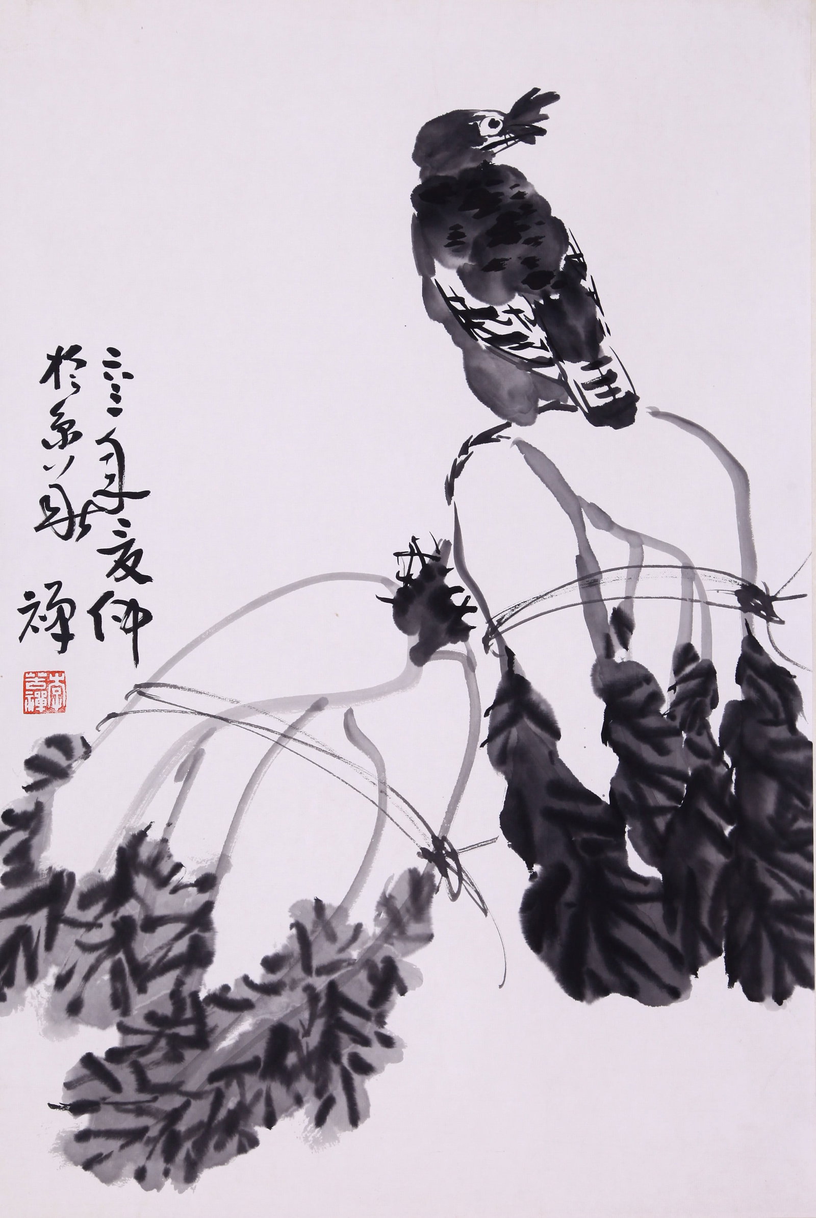 LI KUCHAN (LI K'U-CH'AN), ATTRIBUTED TO, MYNA AND CABBAGE, MOUNTED FOR FRAMING: Attributed to Li Kuchan (Li K'u-ch'an). Myna and Cabbage. Ink and color on paper, mounted for framing.