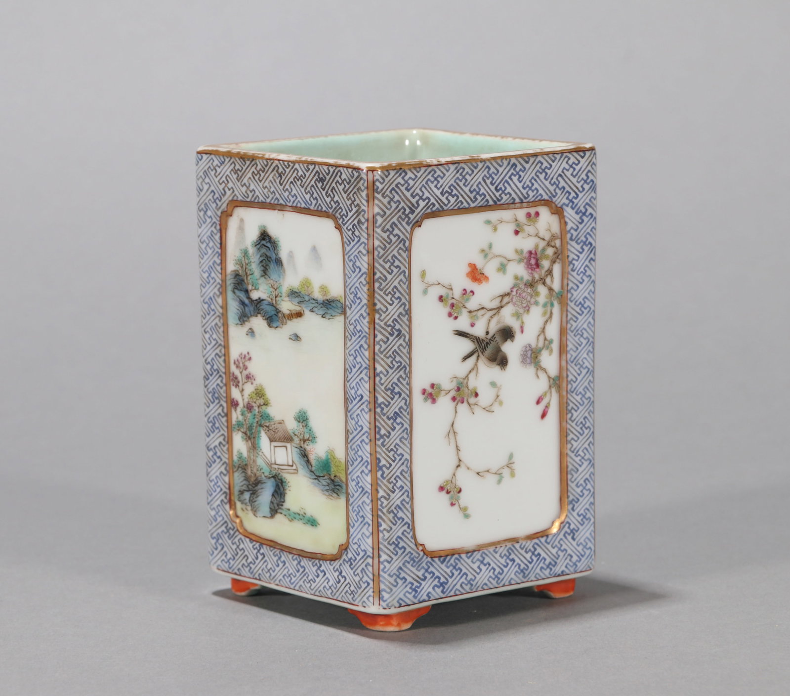 A FAMILLE ROSE 'BIRDS AND FLOWERS' SQUARE BRUSH POT (1 of 7)