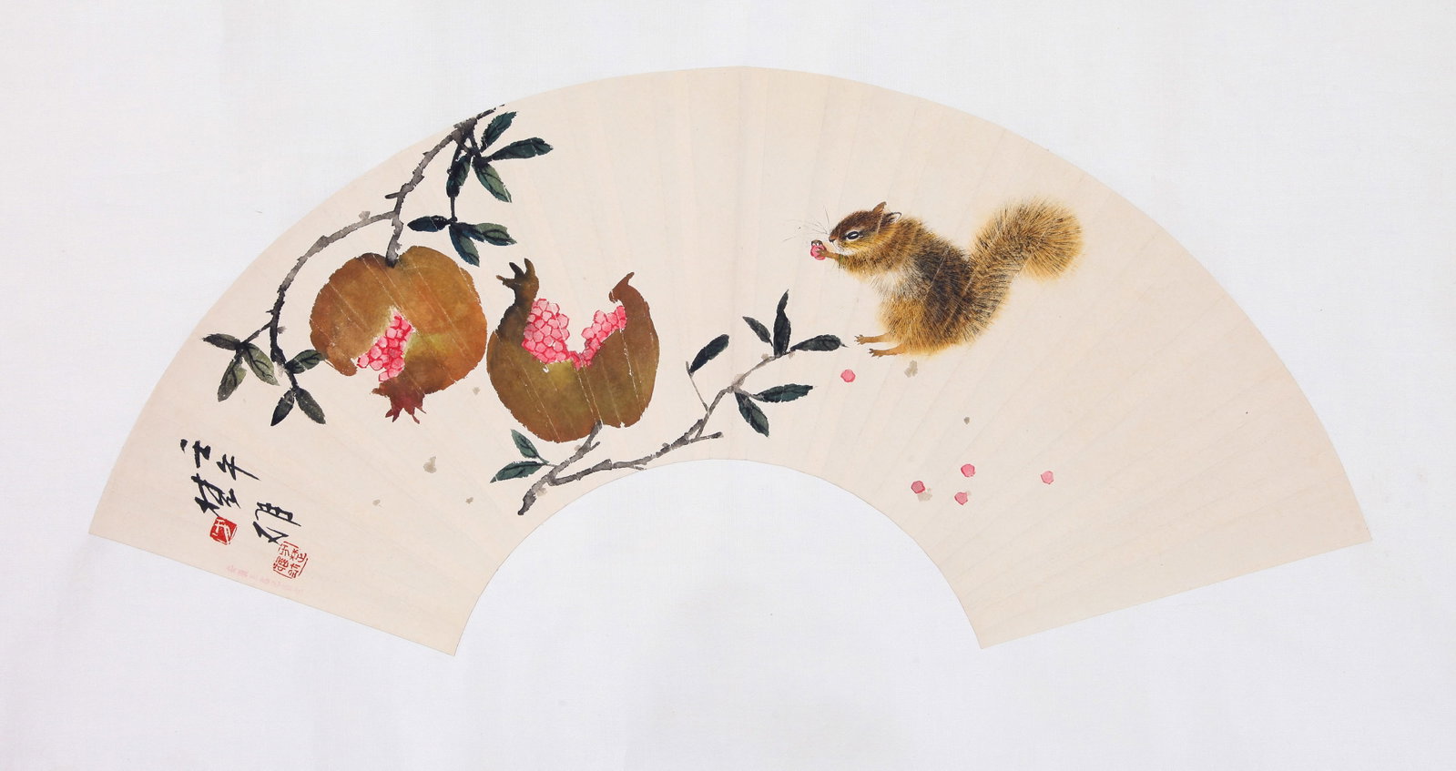 FANG CHUXIONG (FANG CH'U-HSIUNG), ATTRIBUTED TO, SQUIRREL AND POMEGRANATES, MOUNTED FOR FRAMING (1 of 8)