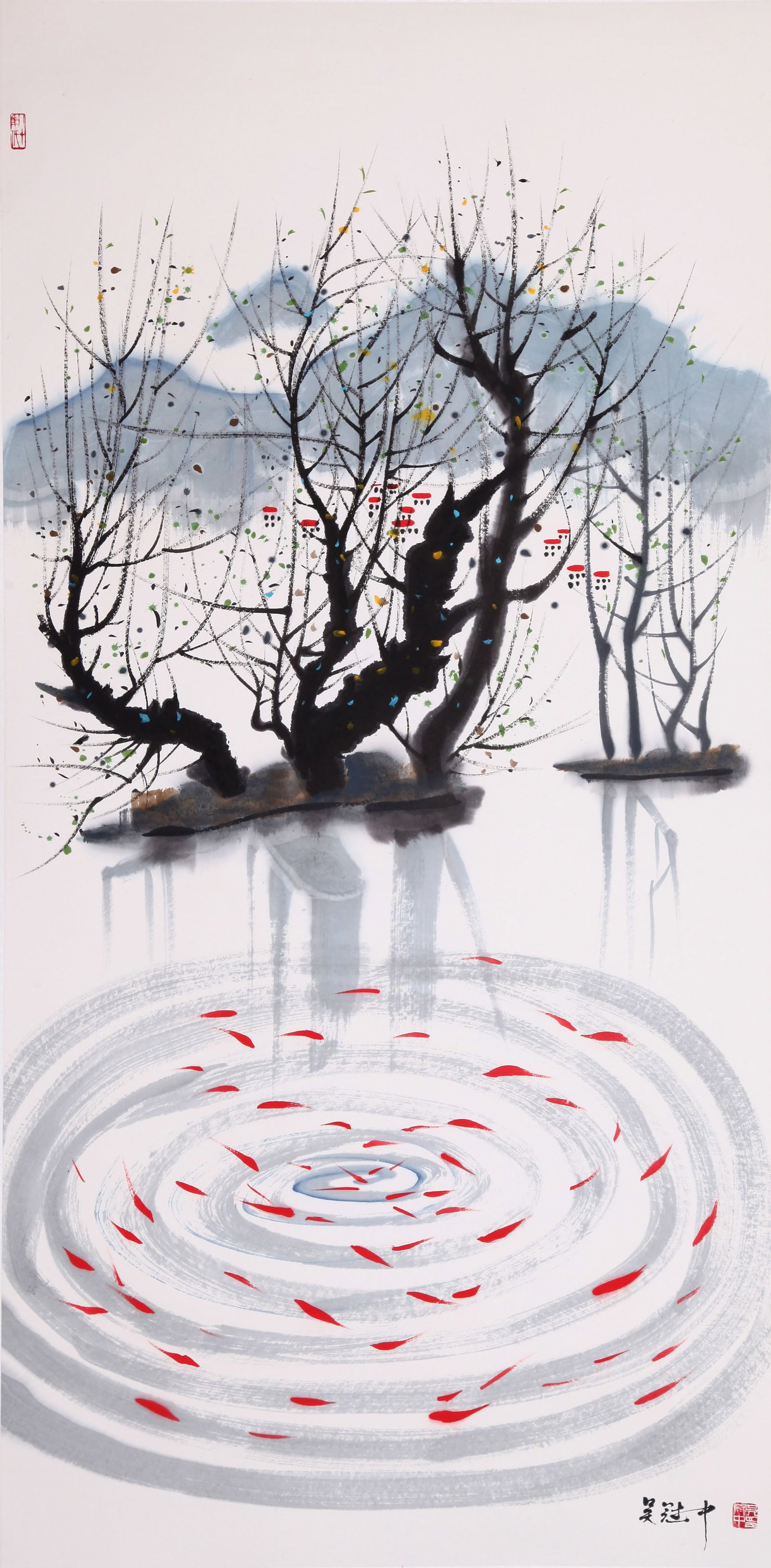 WU GUANZHONG (WU KUAN-CHUNG), ATTRIBUTED TO, LANDSCAPE, MOUNTED FOR FRAMING: Attributed to Wu Guanzhong (Wu Kuan-chung). Landscape (Flower Stream). Ink and color on paper, mounted for framing.