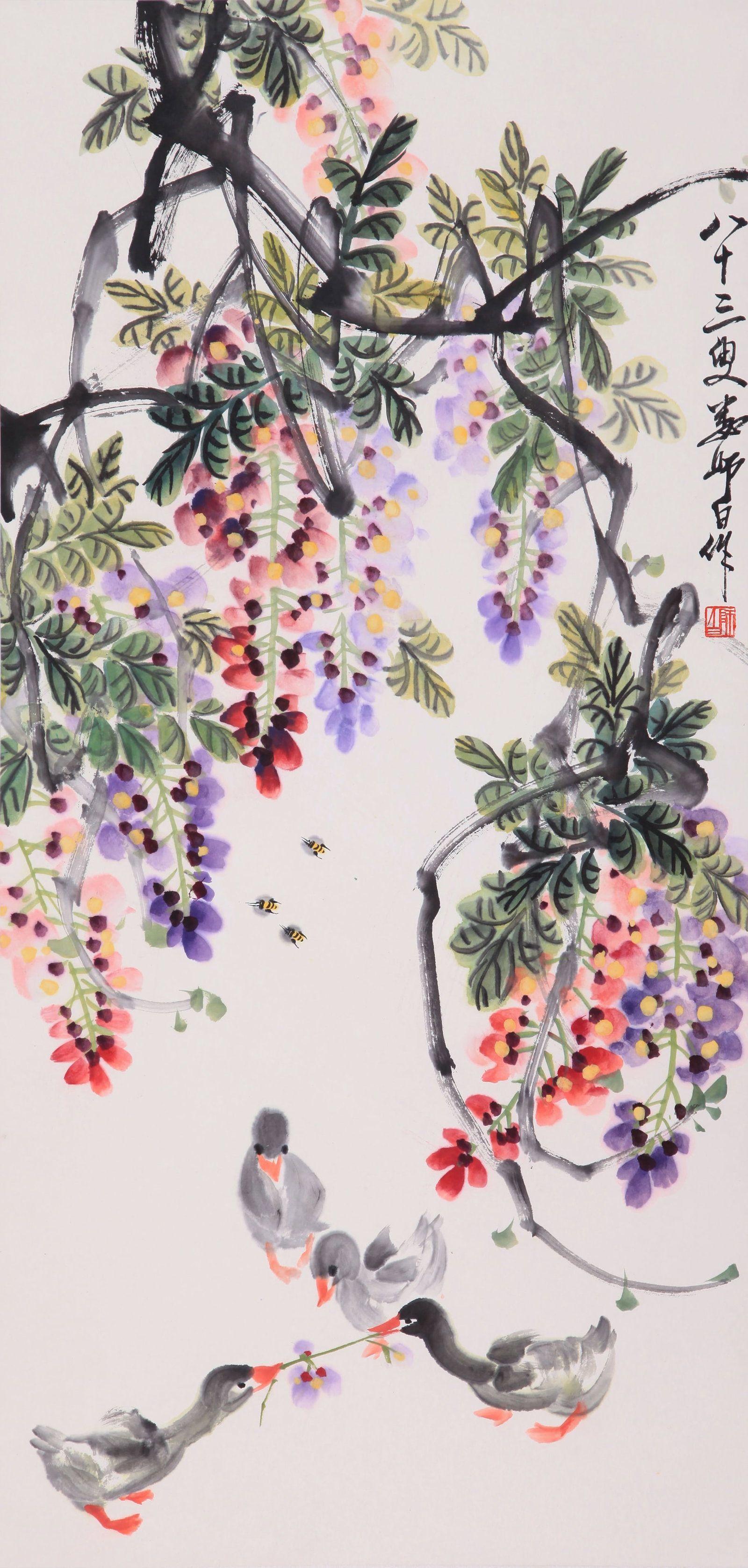 LOU SHIBAI (LOU SHIH-PAI), ATTRIBUTED TO, WISTERIA AND DUCKLINGS, HANGING SCROLL (1 of 7)