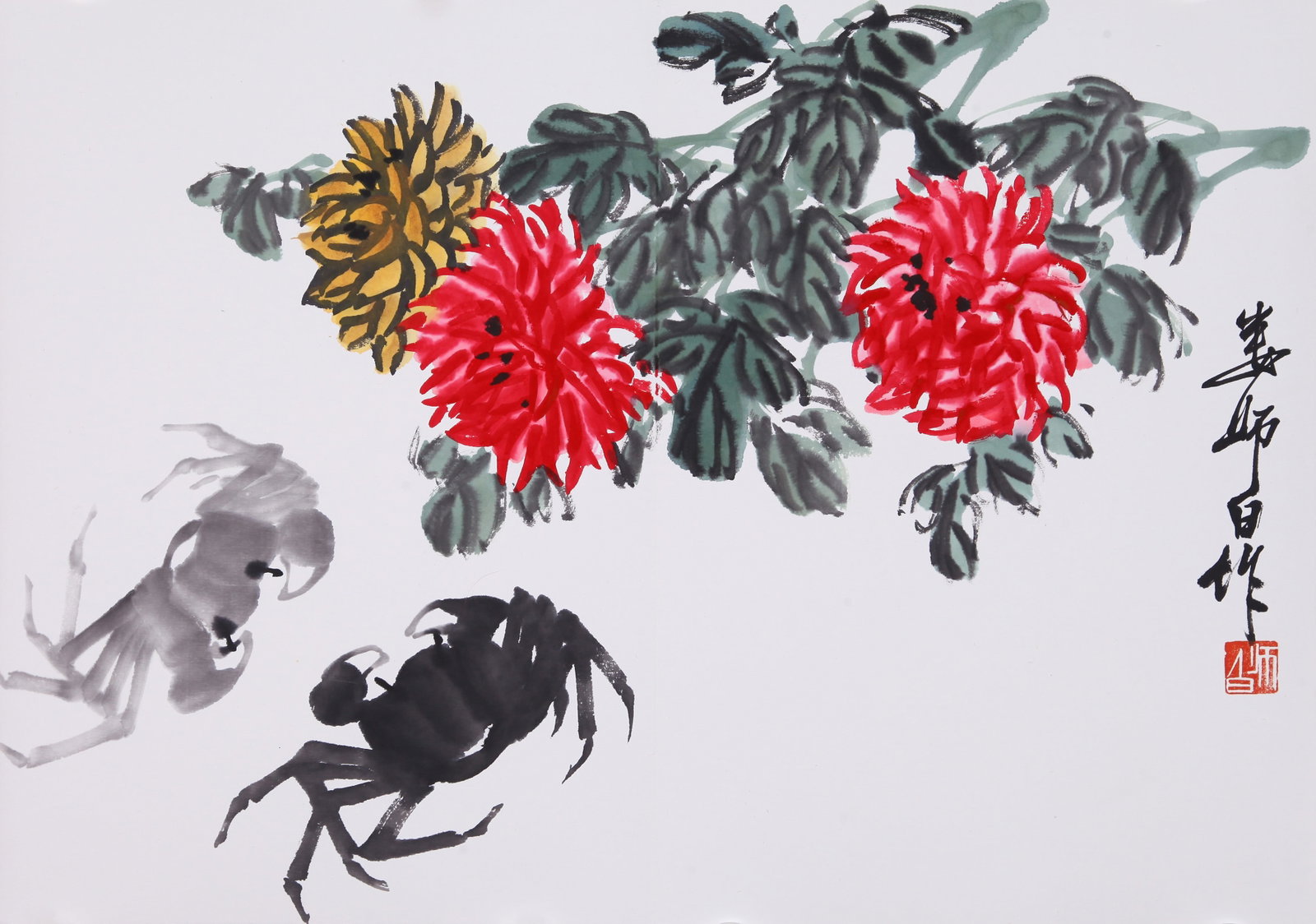 LOU SHIBAI (LOU SHIH-PAI), ATTRIBUTED TO, CHRYSANTHEMUMS AND CRABS, MOUNTED FOR FRAMING (1 of 8)