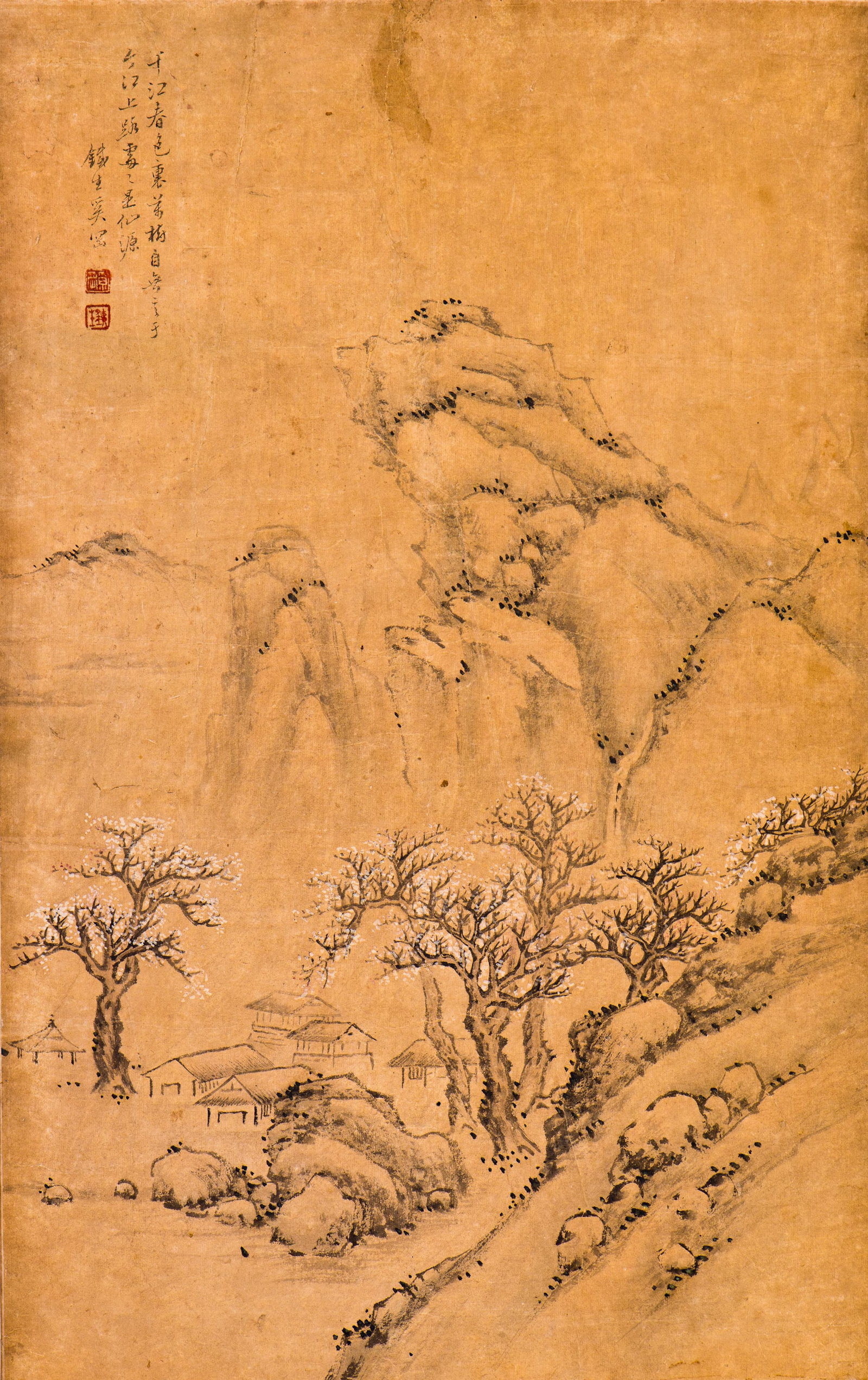 XI GANG (1746-1803), CHINESE PAINTING OF LANDSCAPE: Xi Gang (1746-1803), Chinese painting of landscape. Ink and color on silk, inscribed and signed with red seals. 23"h x 14.7"w (58.5 x 37 cm)