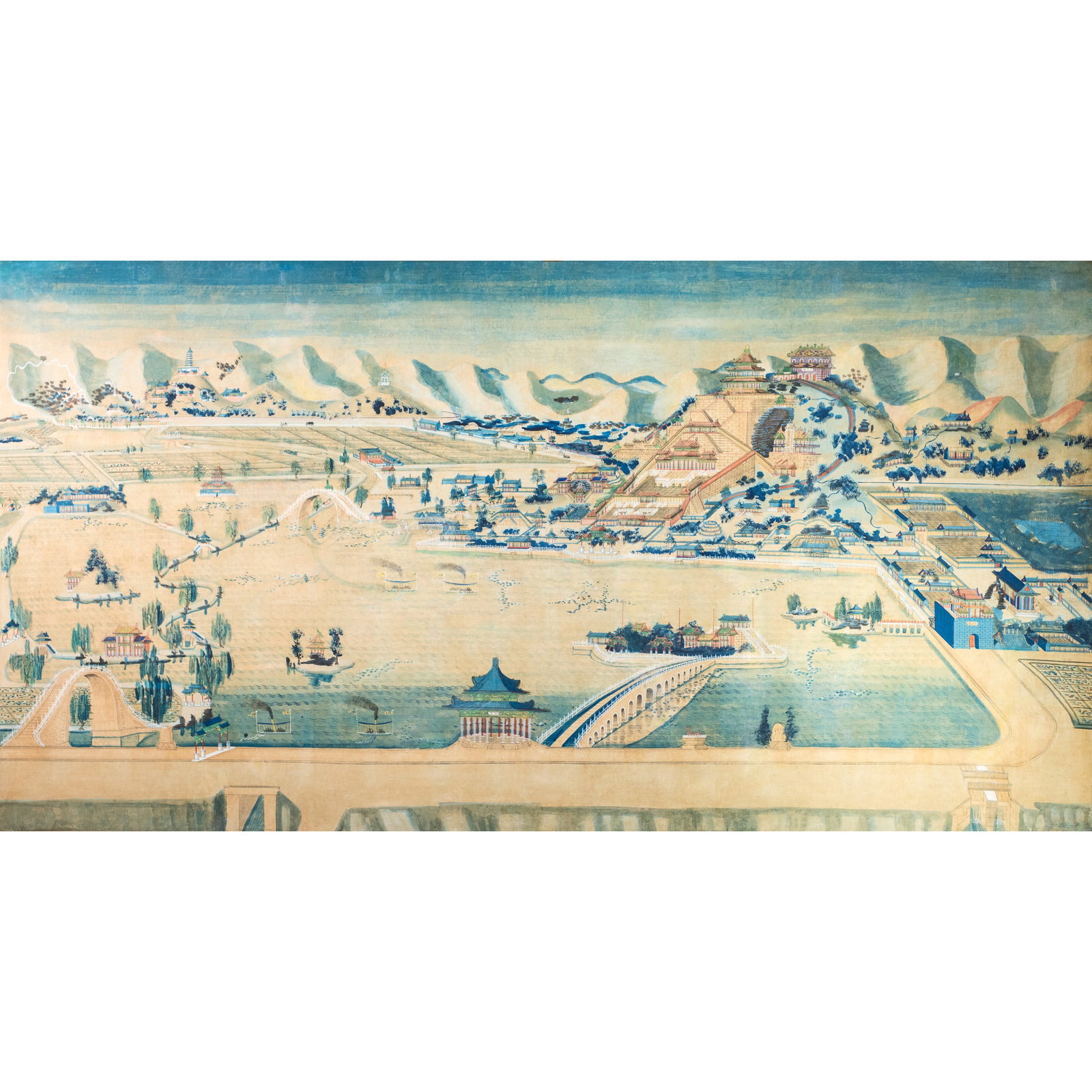 ANONYMOUS (QING DYNASTY), CHINESE PAINTING OF THE SUMMER PALACE: Anonymous (Qing dynasty), Chinese painting of the Summer Palace, ink and color on paper, mounted and framed. 36"h x 68.11"w (91 x 173 cm)