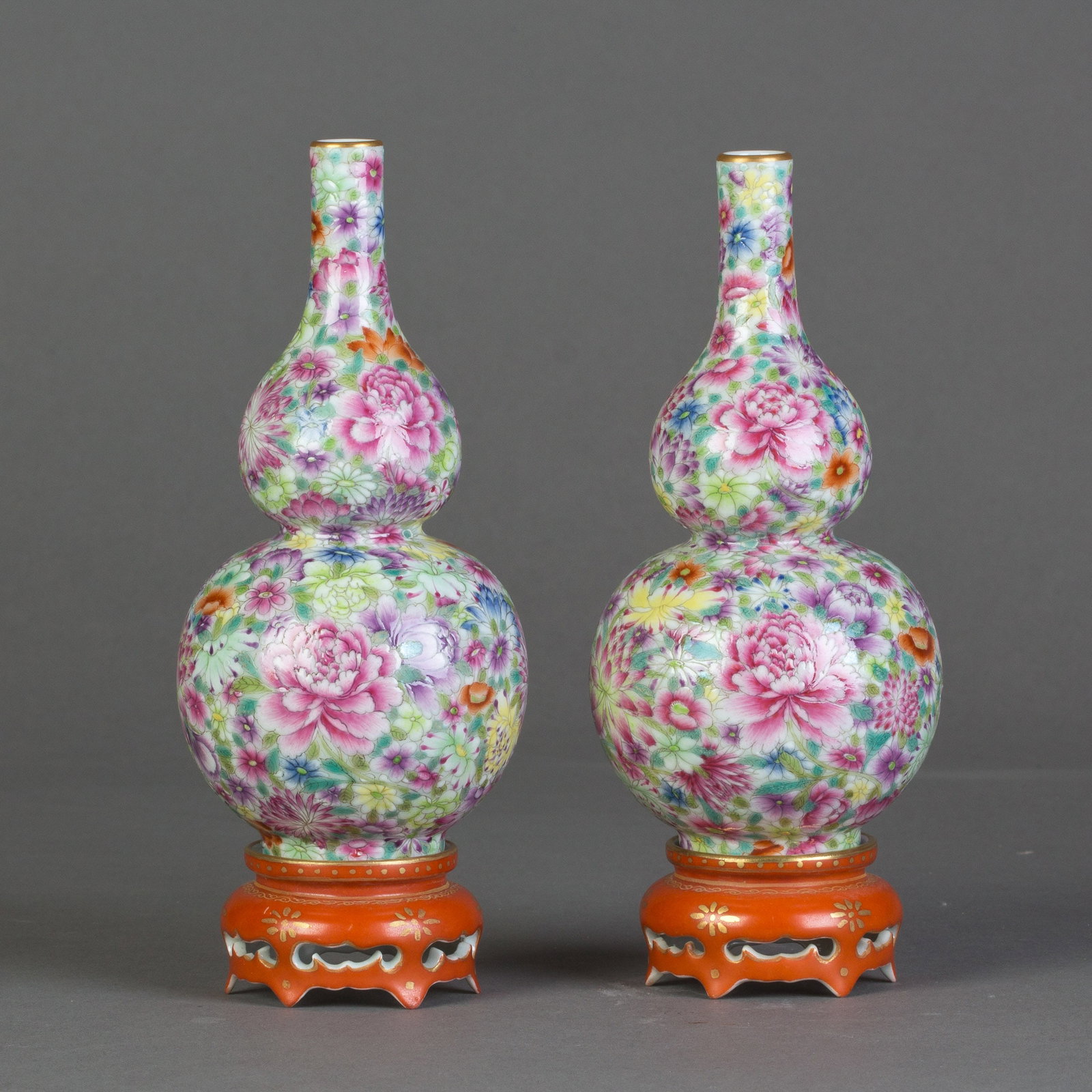 PAIR OF DOUBLE-GOURD FAMILLE ROSE PORCELAIN VASES (1 of 3)