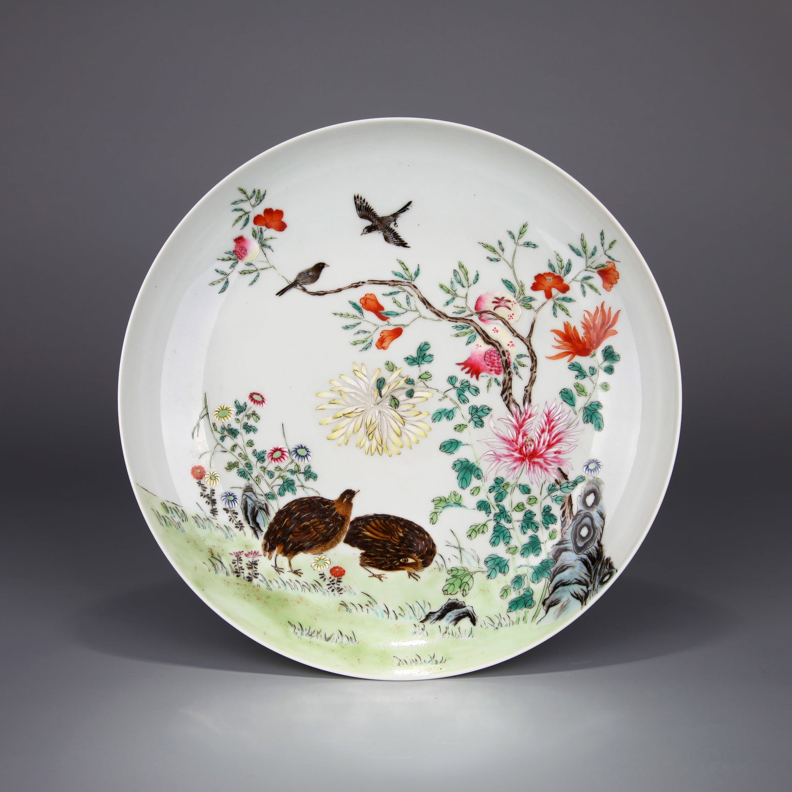 A FAMILLE ROSE 'QUAIL AND FLOWER' DISH (1 of 9)