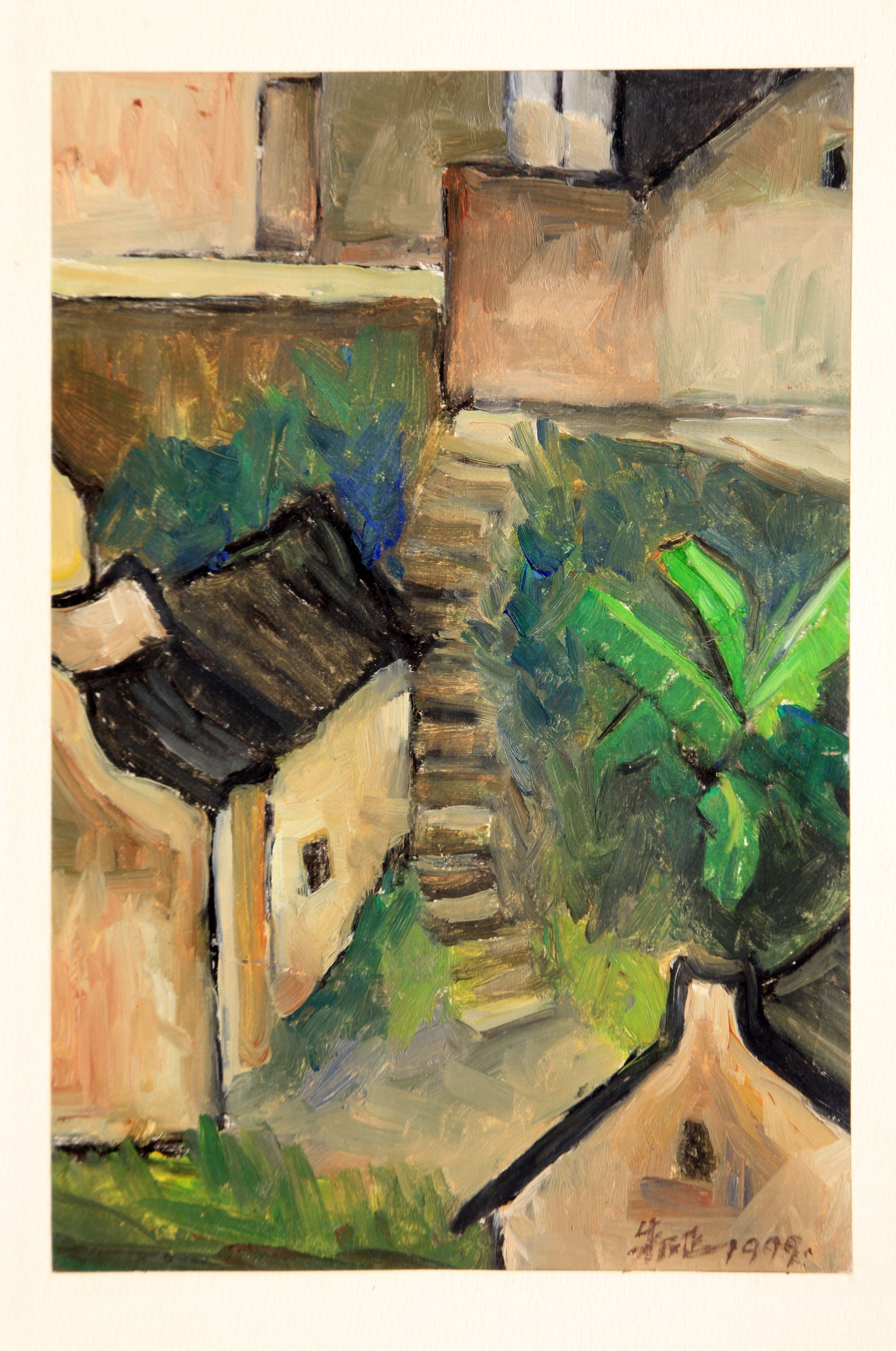 ZHU NAIZHENG, AFTER, VILLAGE, OIL ON PAPER: After Zhu Naizheng. Village. Oil on paper. 21 x 17 cm.
