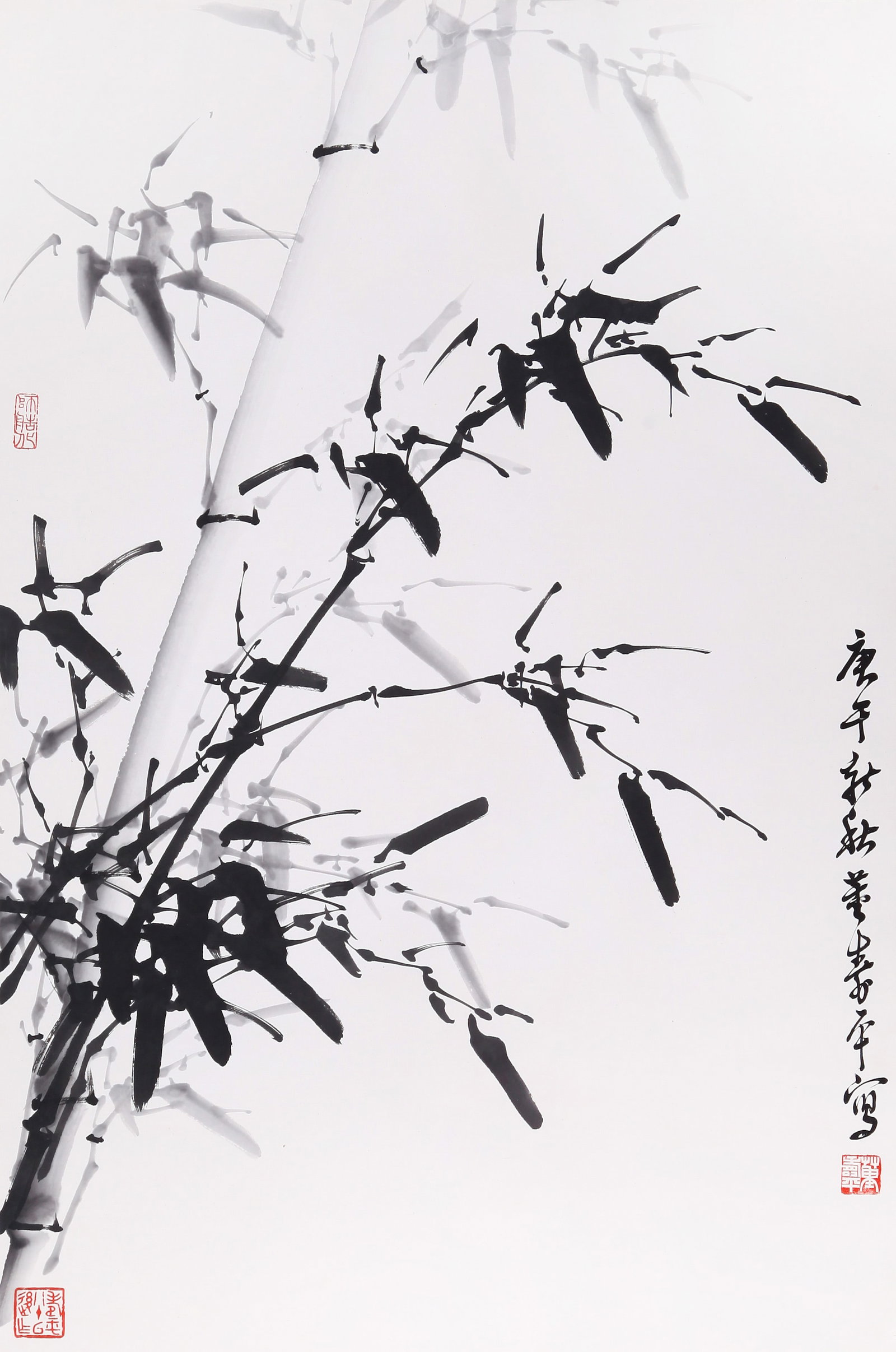 DONG SHOUPING, ATTRIBUTED TO, INK BAMBOO, HANGING SCROLL: Attributed to Dong Shouping. Ink Bamboo. Ink on paper, hanging scroll. 101 x 68 cm. Condition: Creases and stains to the mounting and painting.