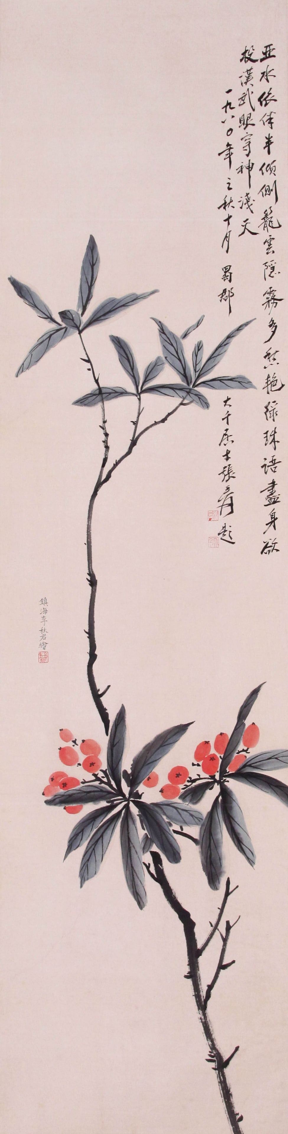 LI QIUJUN, ATTRIBUTED TO, NANDINA, HANGING SCROLL: Attributed to Li Qiujun. Nandina. Ink and color on paper, hanging scroll. 132 x 33 cm. Condition: Creases, foxing and stains to the mounting and painting. Note: By repute, with a colophon inscribed
