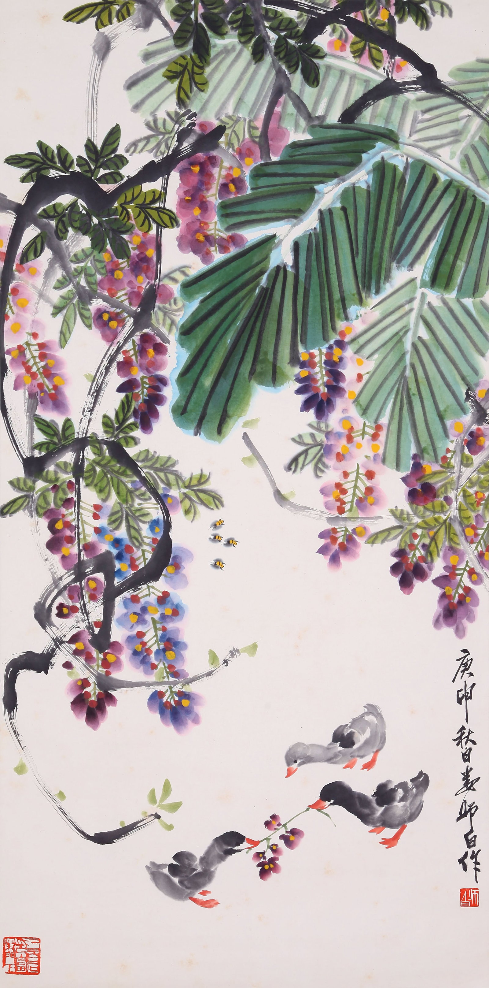 LOU SHIBAI, ATTRIBUTED TO, WISTERIA AND DUCKLINGS, HANGING SCROLL (1 of 10)