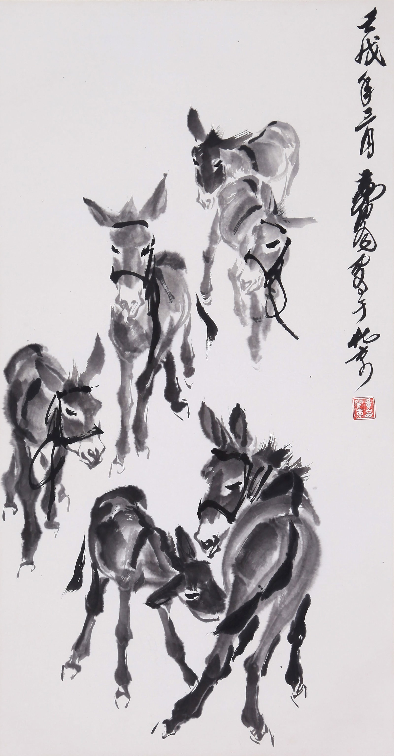 HUANG ZHOU, ATTRIBUTED TO, SIX DONKEYS, HANGING SCROLL: Attributed to Huang Zhou. Six Donkeys. Ink and color on paper, hanging scroll. 96 x 49.5 cm. Condition: Creases and stains to the mounting and painting.