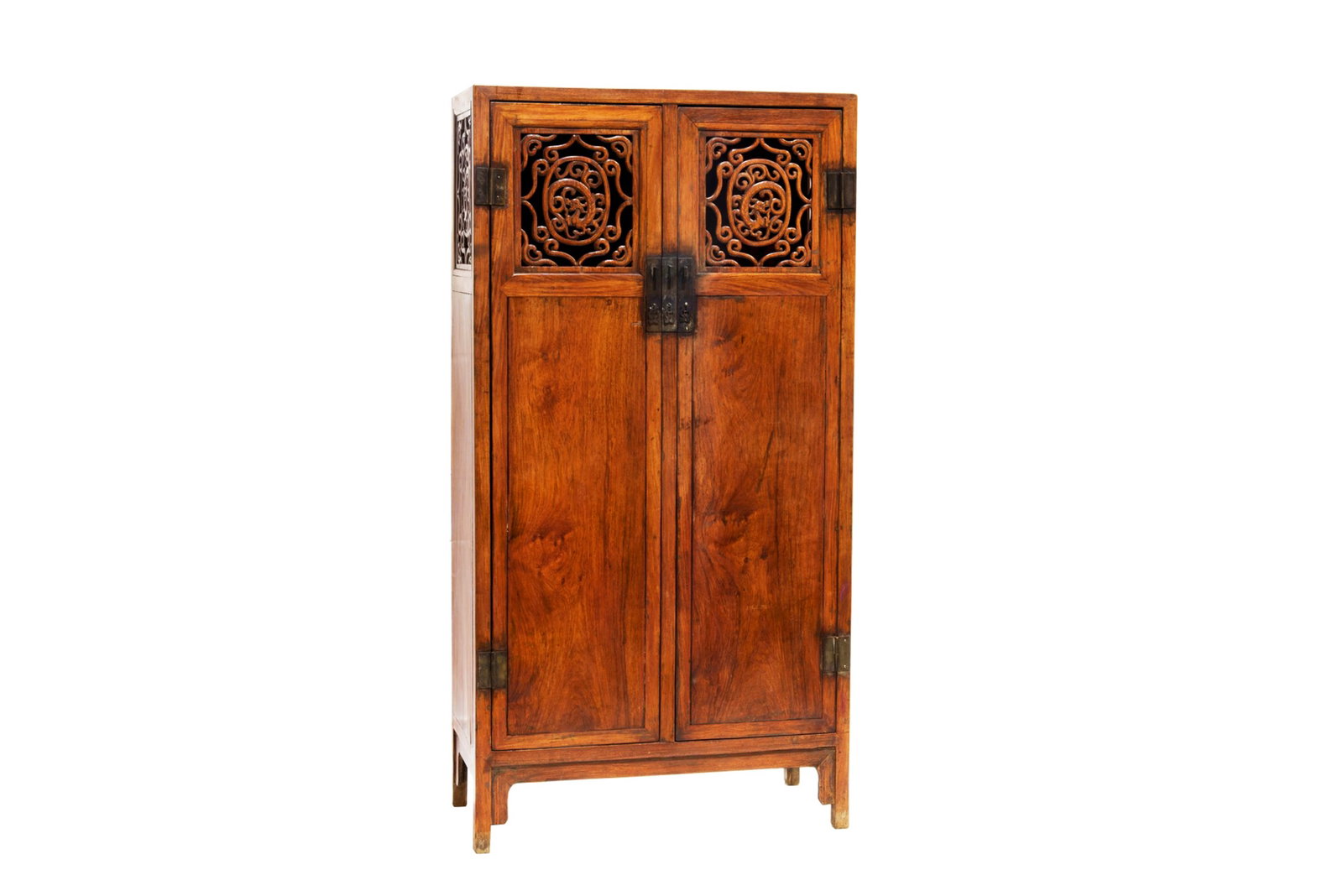 CHINESE HUANGHUALI TWO-DOOR CABINET (Y): Chinese huanghuali two-door cabinet. Featuring upper doors ornamented with an openwork trellis design, all atop two plain rectangular panels, while the lower section showcases floating solid scrolled 