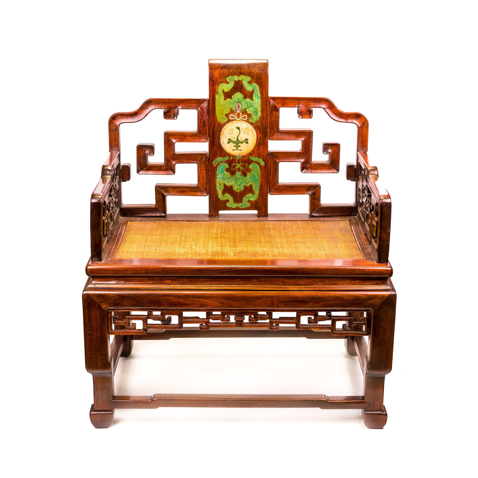 IMPORTANT CHINESE HARDWOOD THRONE, 17TH/18TH CENTURY: A Chinese hardwood throne, 17th/18th century. The back is carved in an openwork design; the two side railings similarly carved on both sides above the rectangular seat. 34.65"h x 40.94"w (88 x 104 cm)