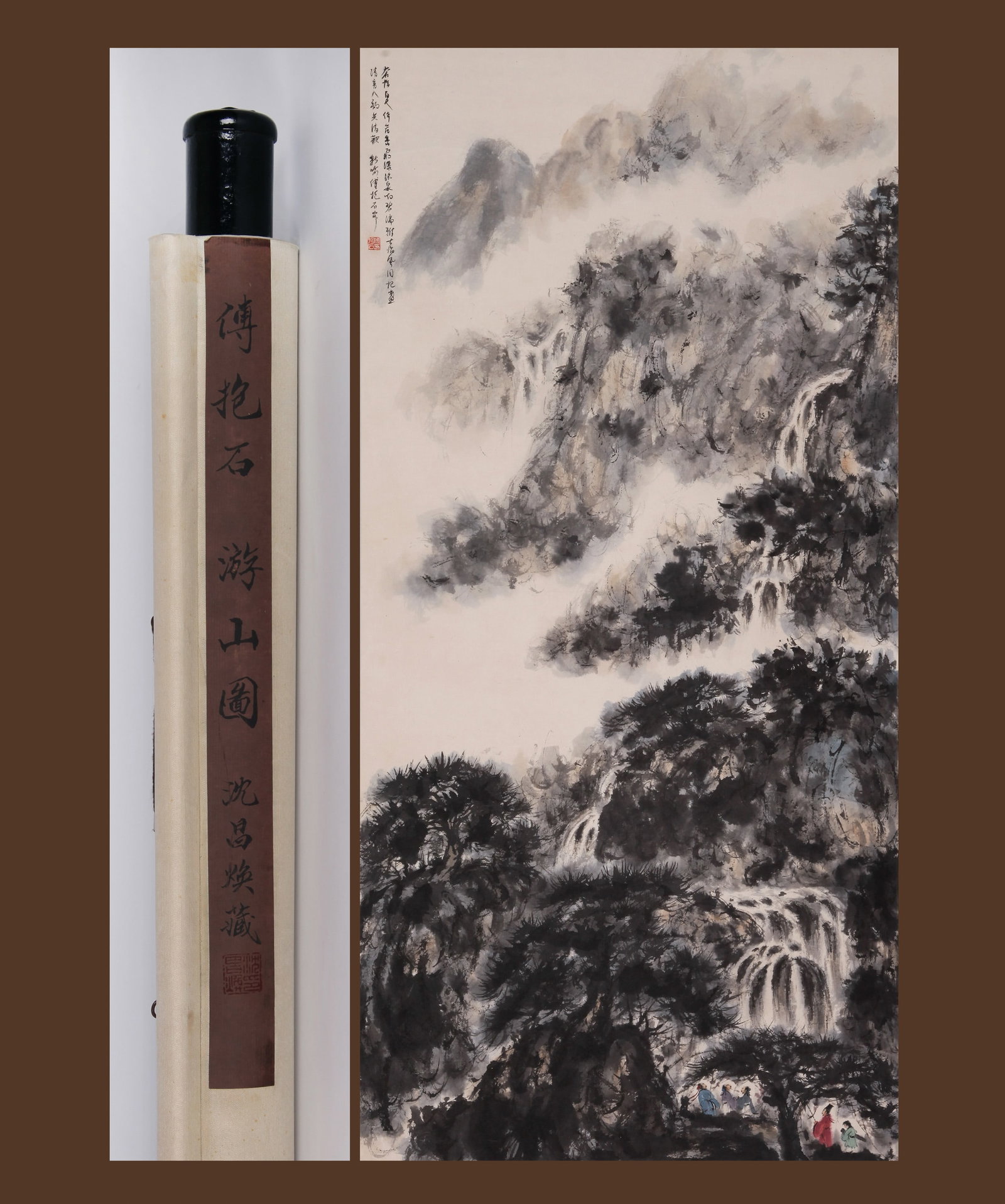 FU BAOSHI (FU PAO-SHIH), ATTRIBUTED TO, MOUNTAIN EXCURSION, HANGING SCROLL: Attributed to Fu Baoshi (Fu Pao-shih). Mountain Excursion. Ink and color on paper, hanging scroll. 138 x 67 cm. Condition: Creases, stains, foxing to the mounting and painting. Note: By repute, from t