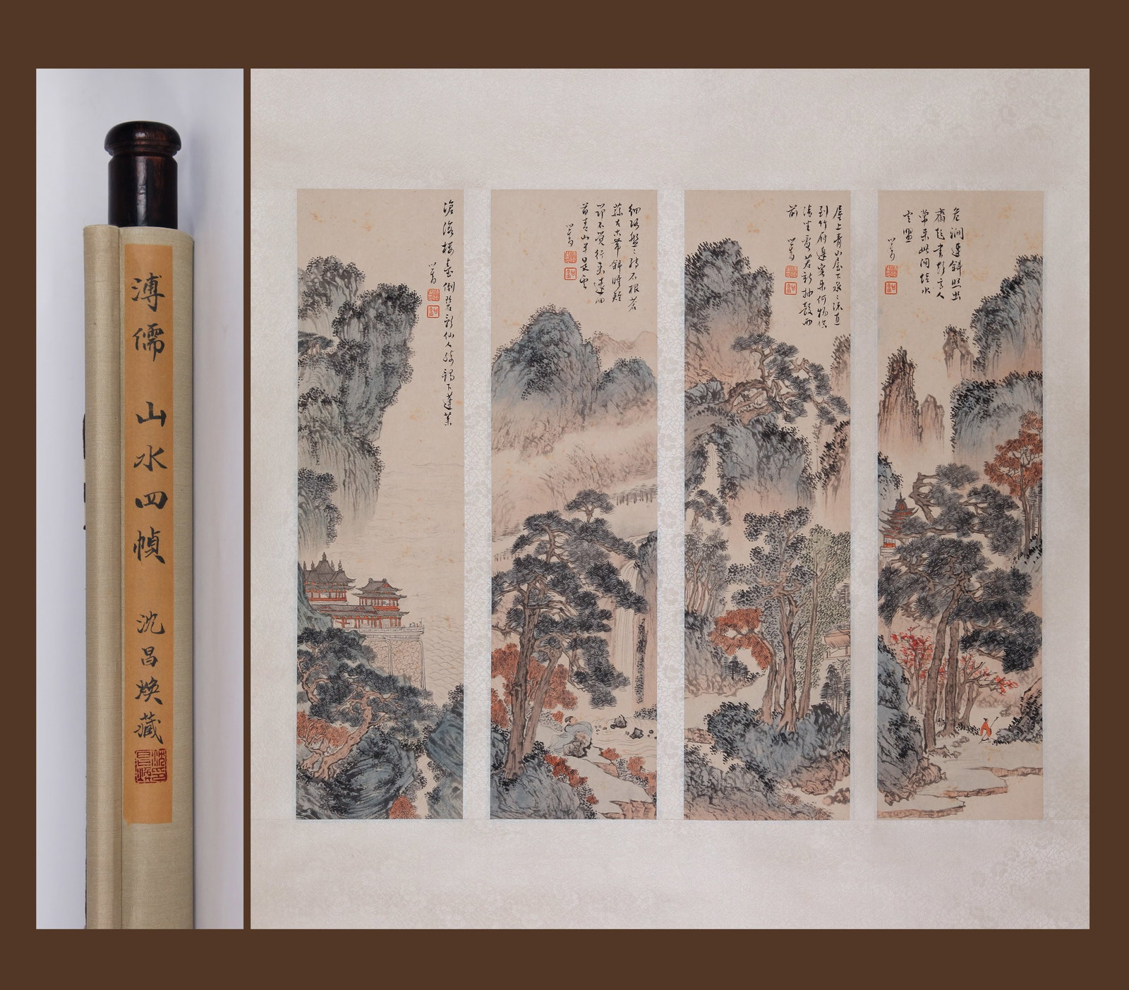 PU RU (PU HSIN-YU), ATTRIBUTED TO, FOUR LANDSCAPES, HANGING SCROLLS: Attributed to Pu Ru (Pu Hsin-yu). Four Landscapes. Ink and color on paper, hanging scrolls. 46 x 12 cm (4). Condition: Creases, stains, foxing to the mounting and painting. Note: By repute, from the c
