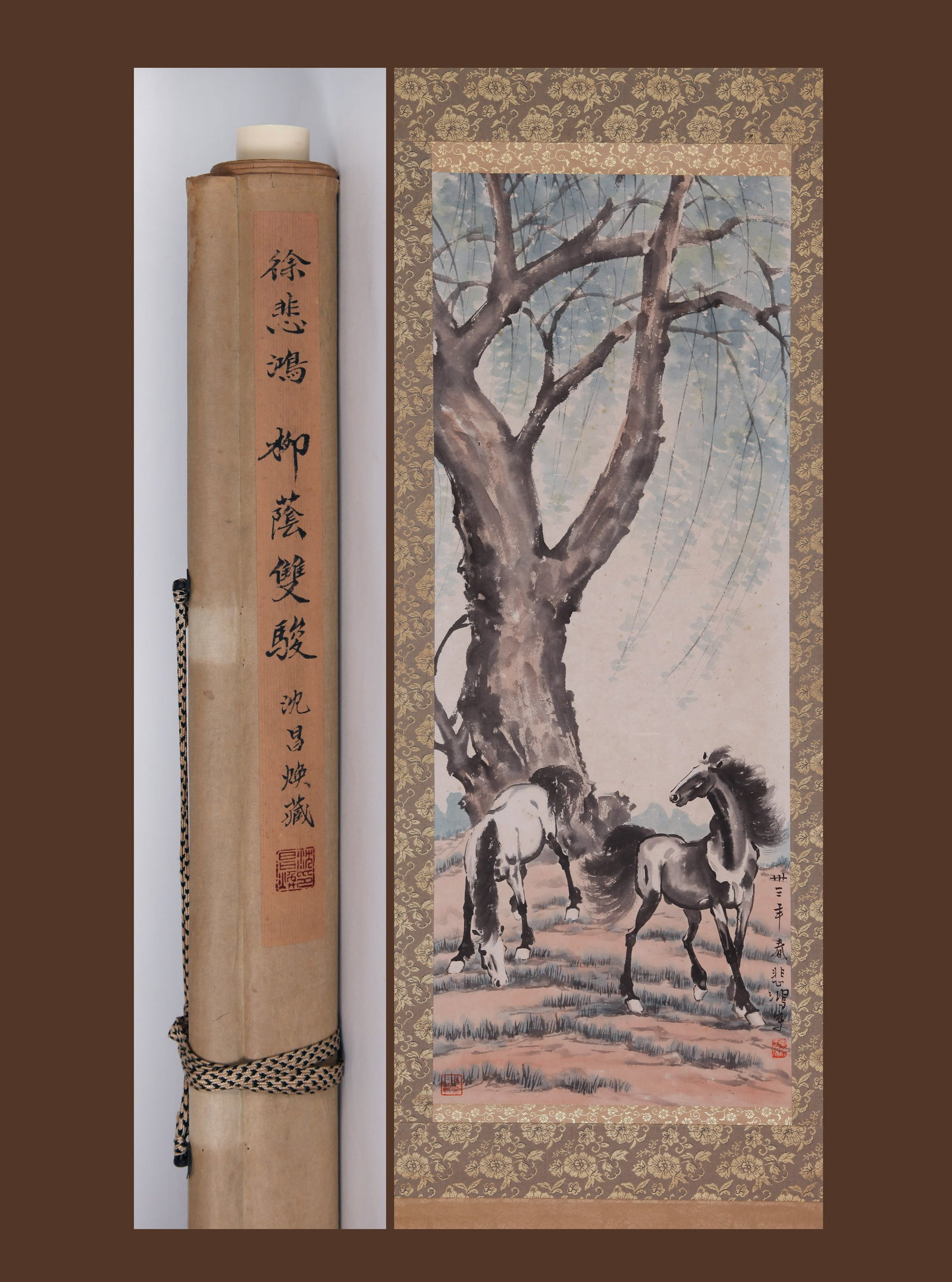 XU BEIHONG (HSU PEI-HUNG), ATTRIBUTED TO, TWO HORSES UNDER WILLOW, HANGING SCROLL: Attributed to Xu Beihong (Hsu Pei-hung). Two Horses Under Willow. Ink and color on paper, hanging scroll. 104 x 40 cm. Condition: Creases, stains, foxing to the mounting and painting. Note: By repute,