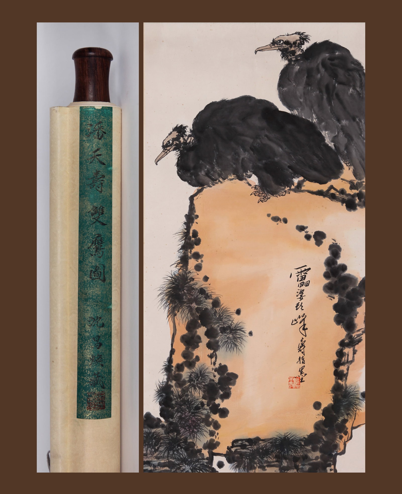 PAN TIANSHOU, ATTRIBUTED TO, TWO EAGLES, HANGING SCROLL: Attributed to Pan Tianshou. Two Eagles. Ink and color on paper, hanging scroll. 98 x 48 cm. Condition: Creases, stains, foxing to the mounting and painting. Note: By repute, from the collection of She
