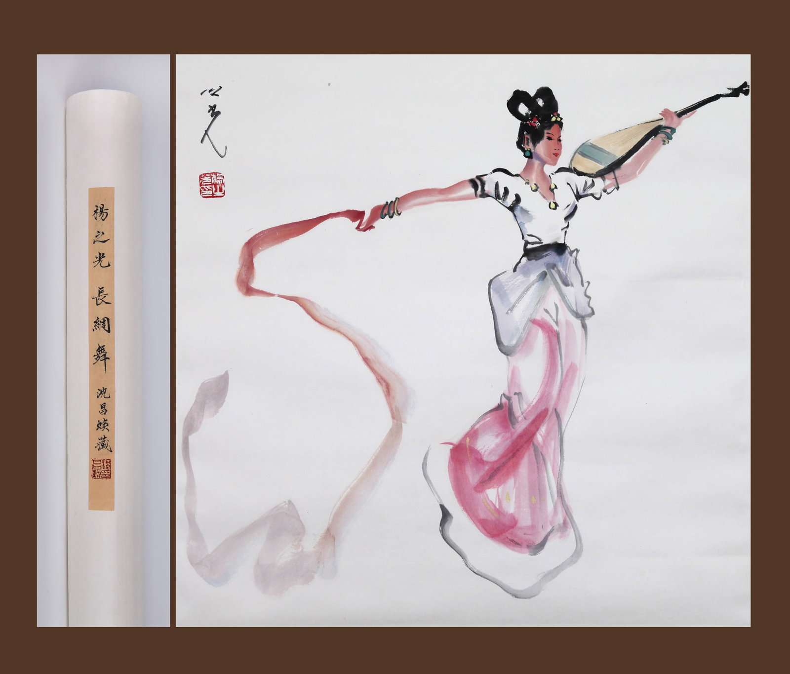 YANG ZHIGUANG, ATTRIBUTED TO, RIBBON DANCE, MOUNTED FOR FRAMING: Attributed to Yang Zhiguang. Ribbon Dance. Ink and color on paper, mounted for framing. 67.5 x 68 cm. Condition: Creases, stains to the mounting and painting. Note: By repute, from the collection of S