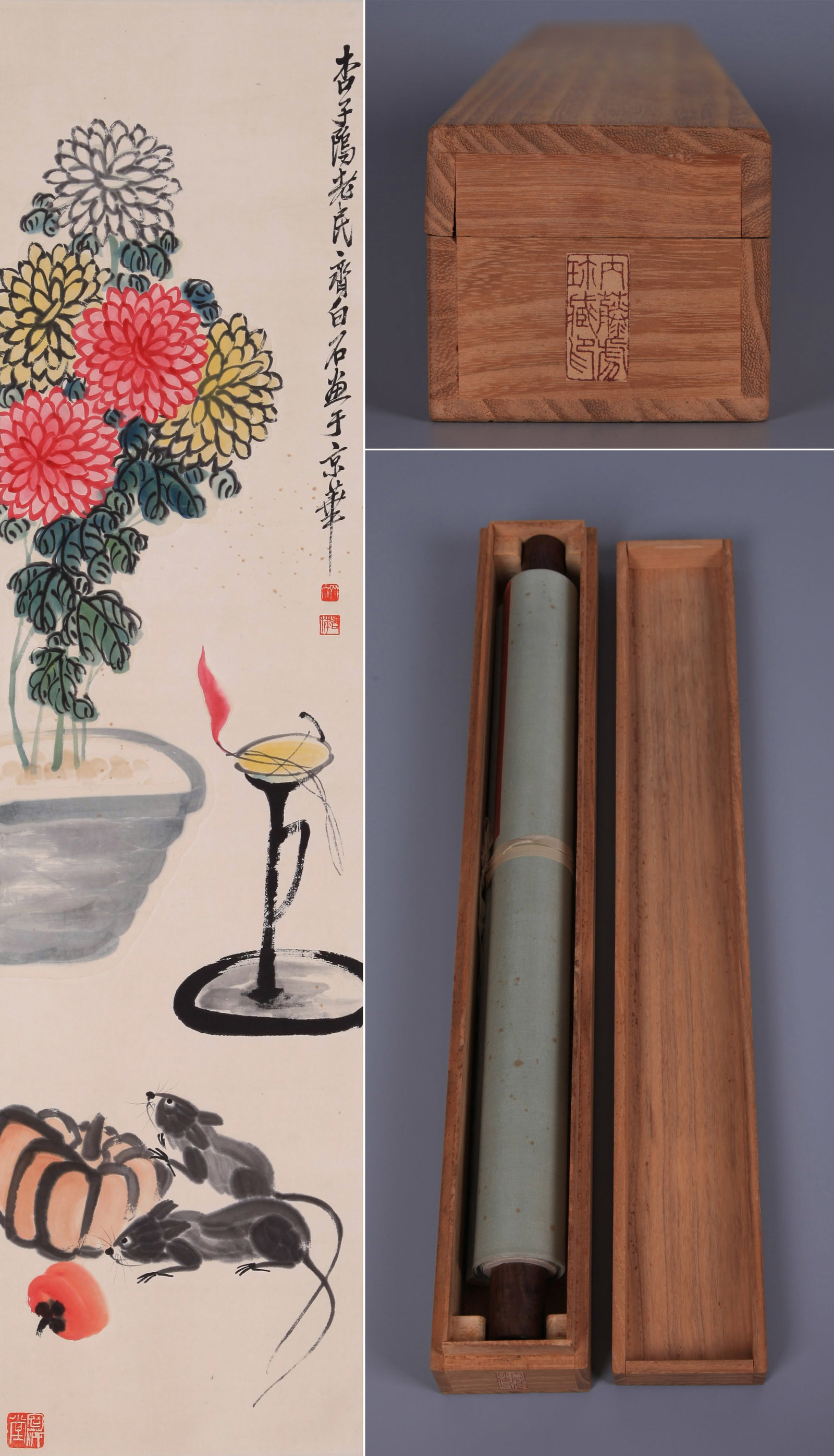 QI BAISHI (CHI PAI-SHIH), ATTRIBUTED TO, MICE AND LAMP, HANGING SCROLL: Attributed to Qi Baishi (Chi Pai-shih). Mice And Lamp. Hanging scroll. 126 x 32 cm.
