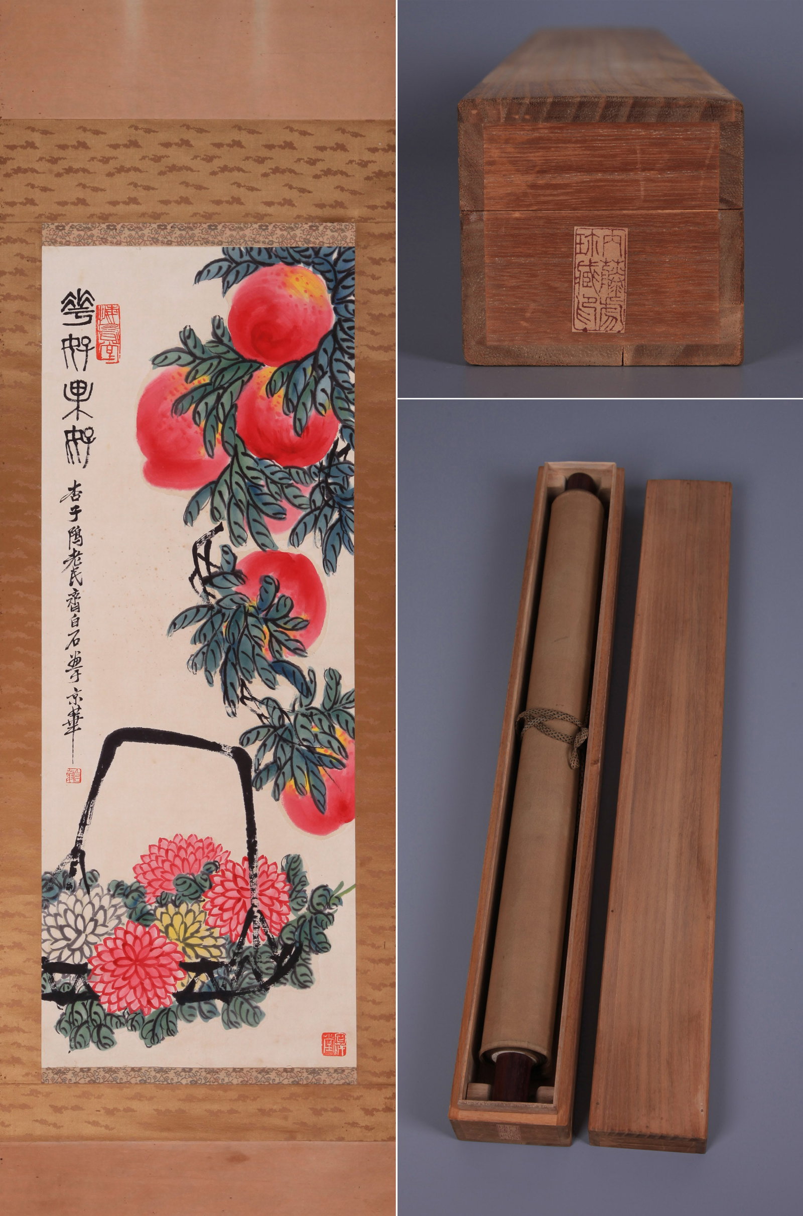 QI BAISHI (CHI PAI-SHIH), ATTRIBUTED TO, FLOWERS AND FRUIT, HANGING SCROLL: Attributed to Qi Baishi (Chi Pai-shih). Flowers And Fruit. Hanging scroll. 107 x 41 cm.