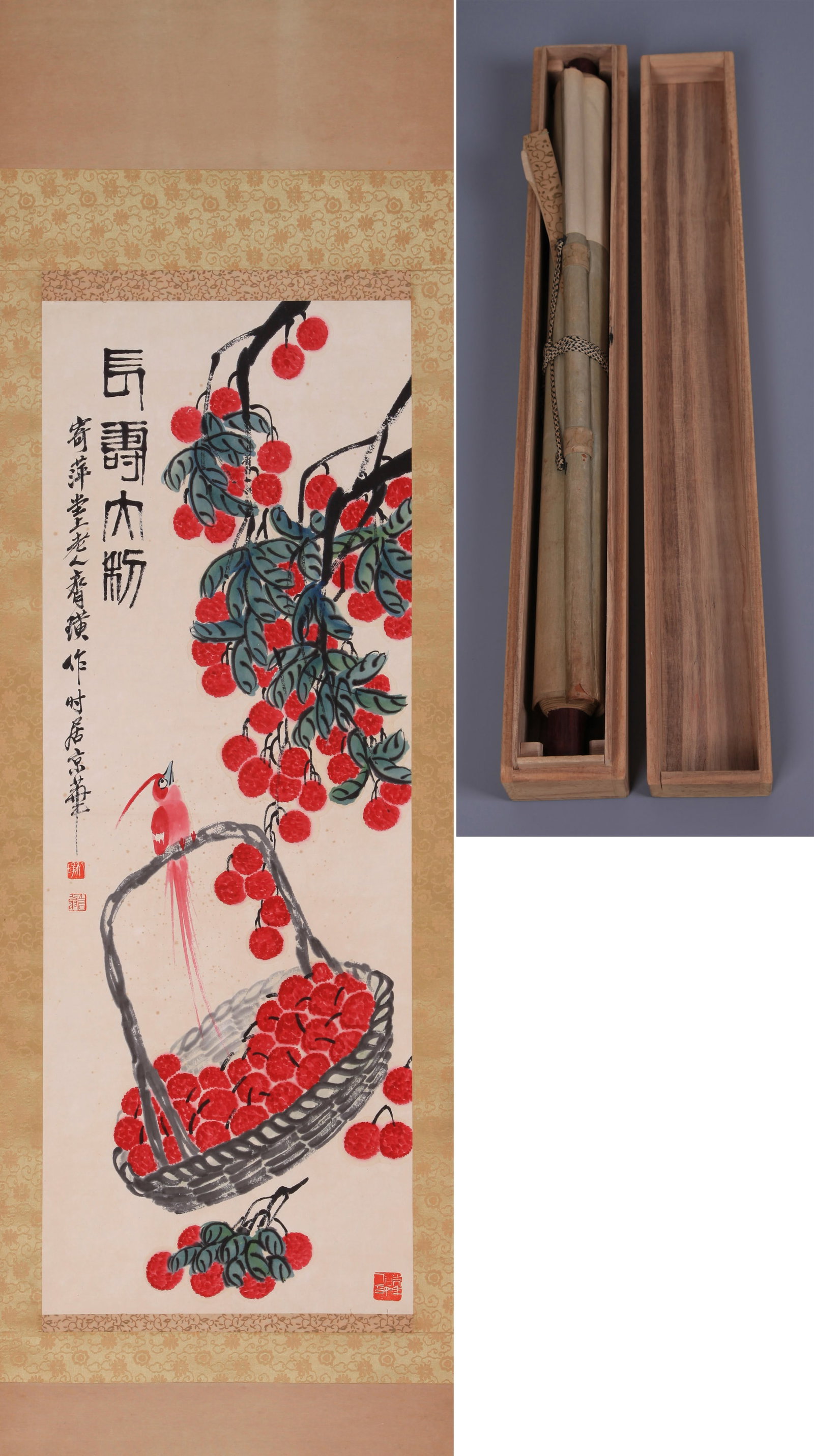 QI BAISHI (CHI PAI-SHIH), ATTRIBUTED TO, LYCHEES AND LONG-TAILED BIRD, HANGING SCROLL: Attributed to Qi Baishi (Chi Pai-shih). Lychees And Long-tailed Bird. Hanging scroll. 111 x 41 cm.