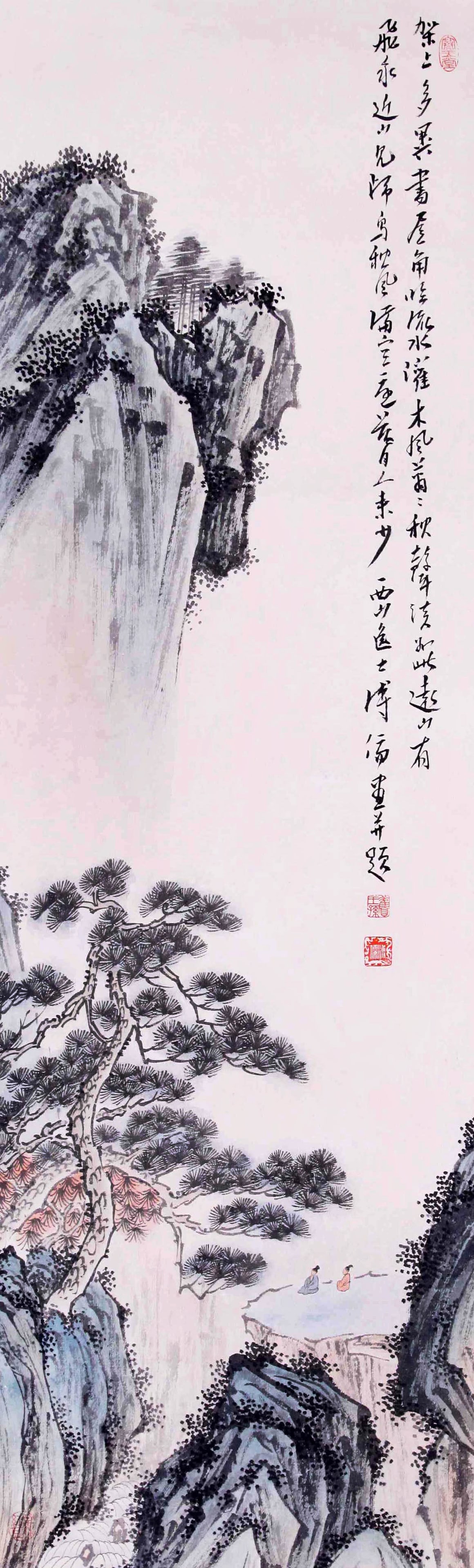 PU RU (PU HSIN-YU), ATTRIBUTED TO, MOUNTAIN DWELLING, MOUNTED FOR FRAMING: Attributed to Pu Ru (Pu Hsin-yu). Mountain Dwelling. Ink and color on paper, mounted for framing. 98 x 30 cm. Condition: Creases, stains to the mounting and painting.