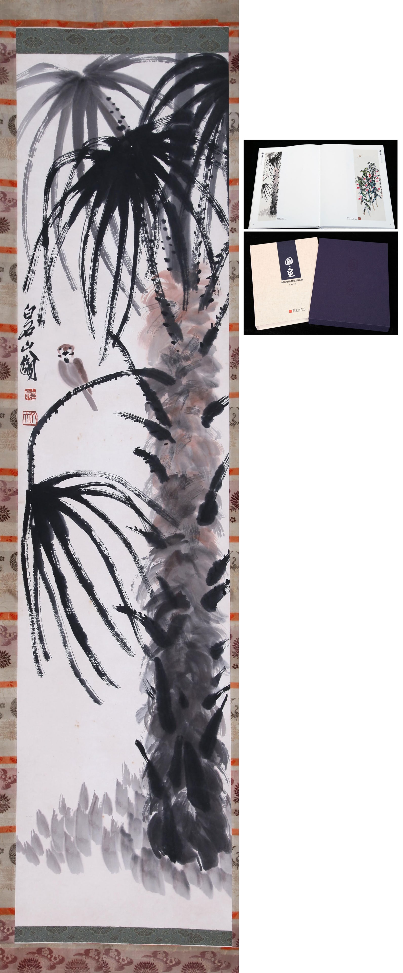QI BAISHI (CHI PAI-SHIH), ATTRIBUTED TO, BIRD ON A BRANCH, HANGING SCROLL: Attributed to Qi Baishi (Chi Pai-shih). Bird On A Branch. Ink and color on paper, hanging scroll. 135 x 33 cm. Condition: Creases, stains to the mounting and painting; damage to the mounting. Note: Wi