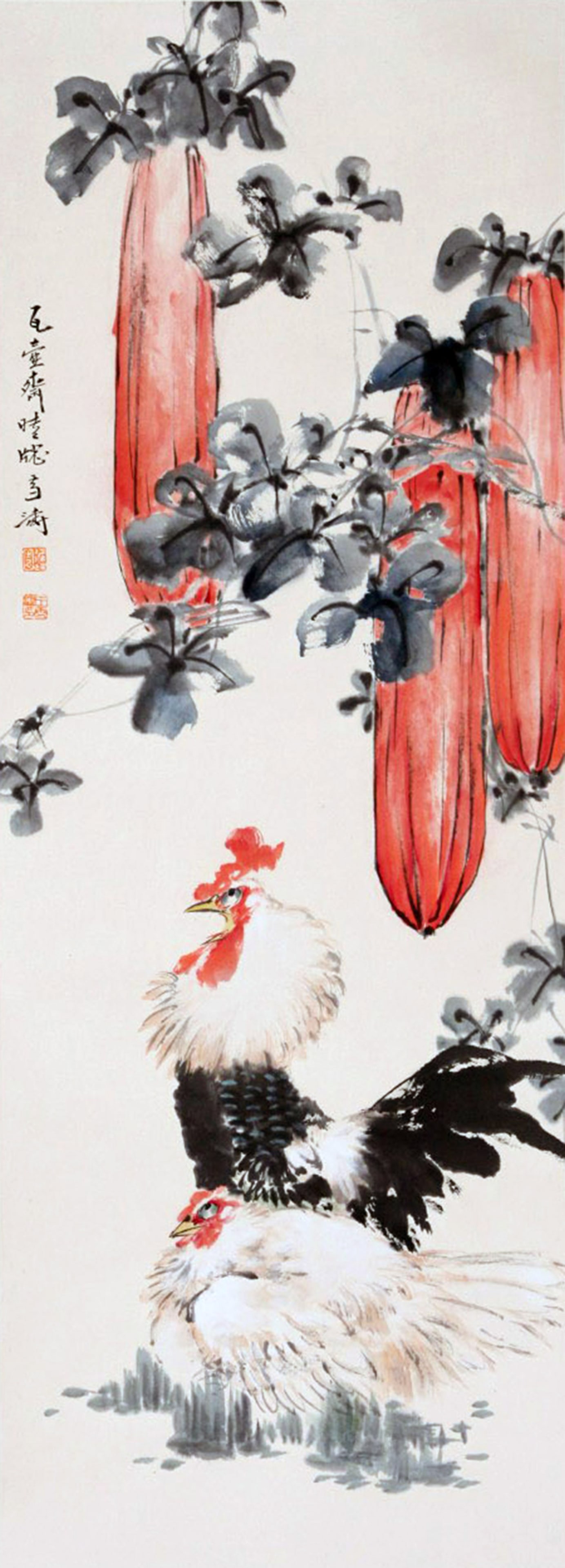 WANG XUETAO, ATTRIBUTED TO, ROOSTER AND HEN, MOUNTED FOR FRAMING (1 of 4)