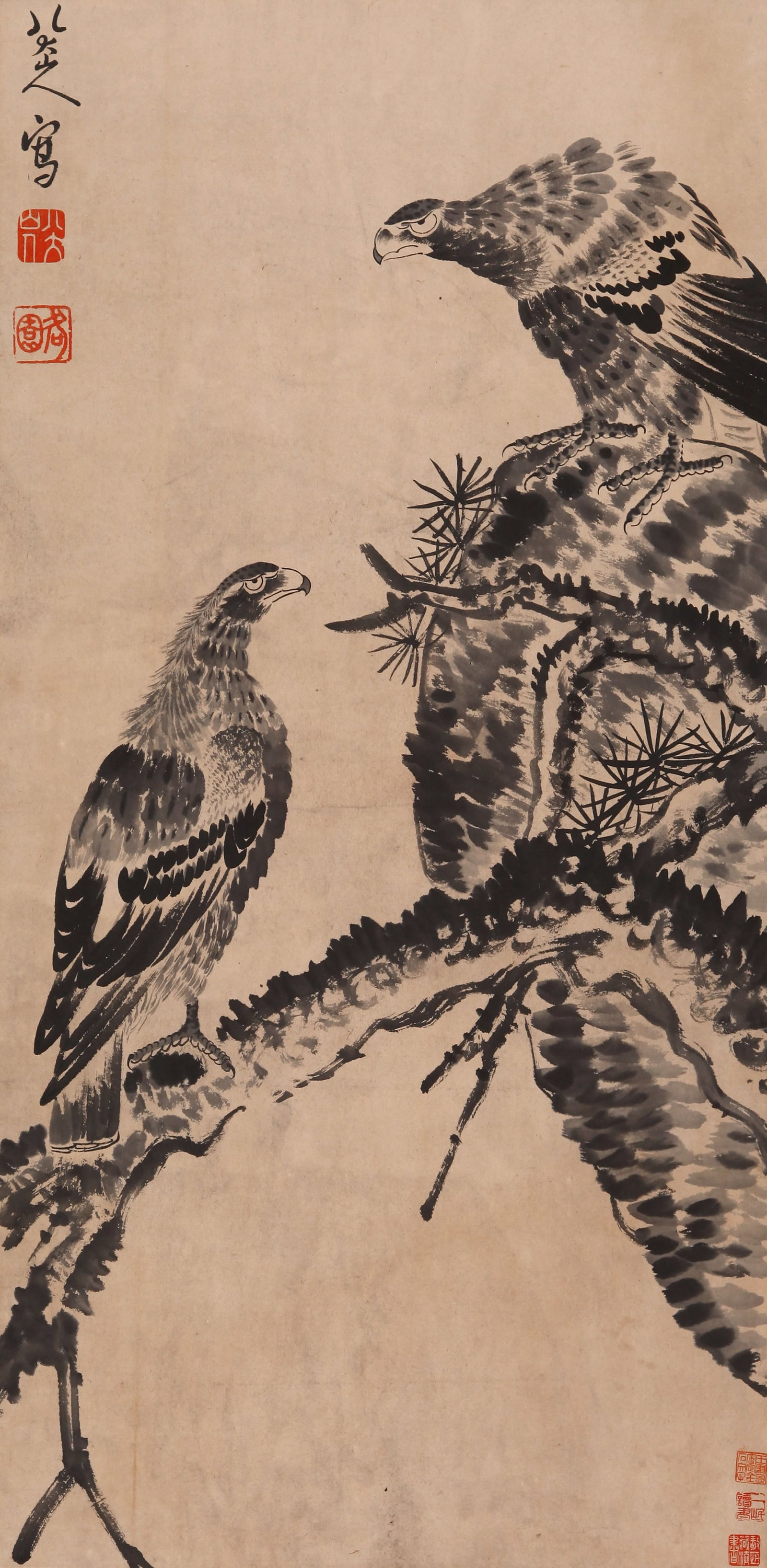BADA SHANREN, ATTRIBUTED TO, EAGLE AND PINE, MOUNTED FOR FRAMING: Attributed to Bada Shanren. Eagle And Pine. Ink and color on paper, mounted for framing. 96 x 47 cm. Condition: Creases, stains to the mounting and painting.