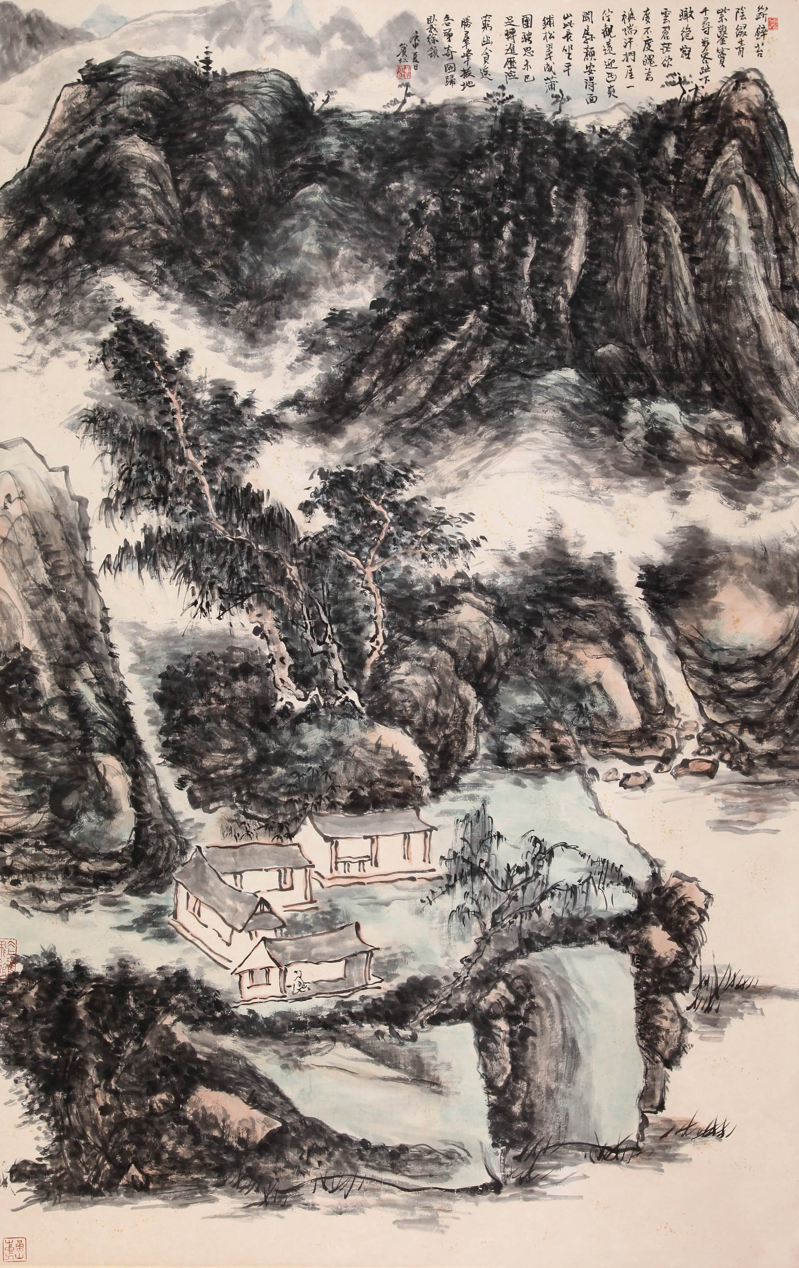 HUANG BINHONG, ATTRIBUTED TO, MOUNTAIN DWELLING, HANGING SCROLL: Attributed to Huang Binhong. Mountain Dwelling. Ink and color on paper, hanging scroll. 149 x 95 cm. Condition: Creases, stains, foxing to the mounting and painting.