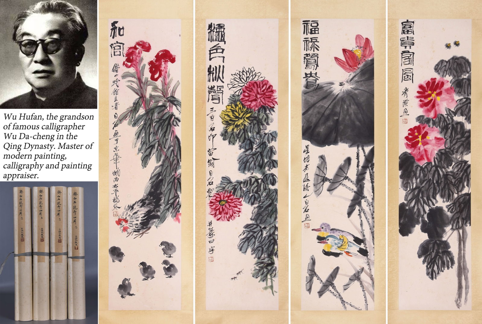 QI BAISHI (CHI PAI-SHIH), ATTRIBUTED TO, FOUR FLORAL PANELS, HANGING SCROLLS: Attributed to Qi Baishi (Chi Pai-shih). Four Floral Panels. Ink and color on paper, hanging scrolls. 135 x 33.5 cm (4). Condition: Creases, stains, foxing to the mounting and painting. Note: By repute